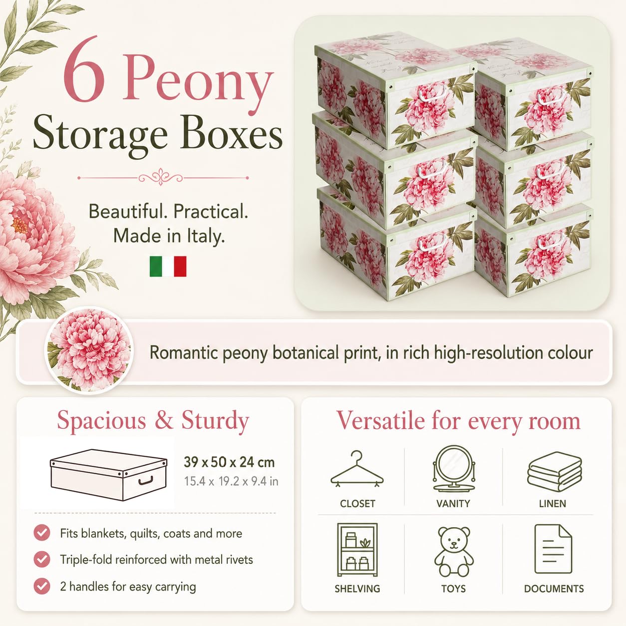 Lavatelli Set 6 Scatole Armadio 39x50x24 Peonie con Coperchio