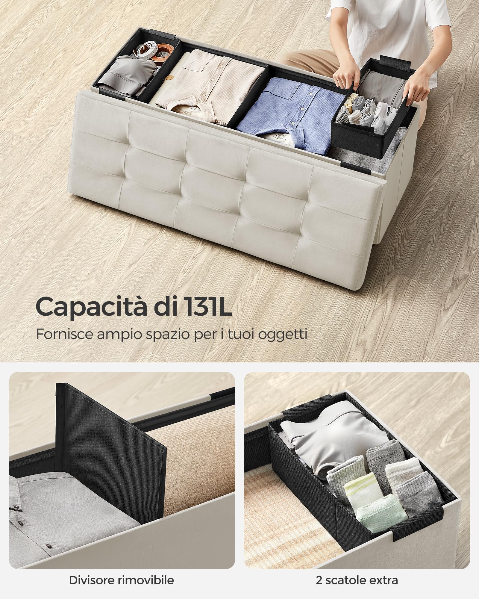 Songmics LSF277W01 pouf contenitore Bianco Crema 110 cm 131 L