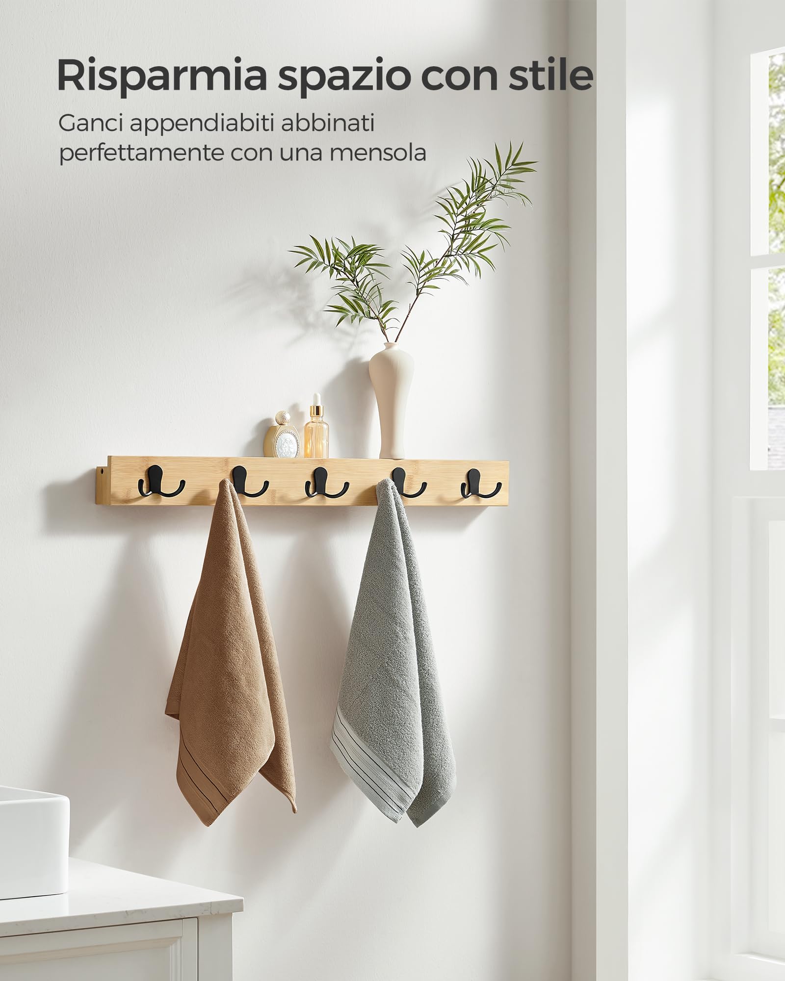 Songmics LCR005N01 appendiabiti da parete beige 5 ganci bambù