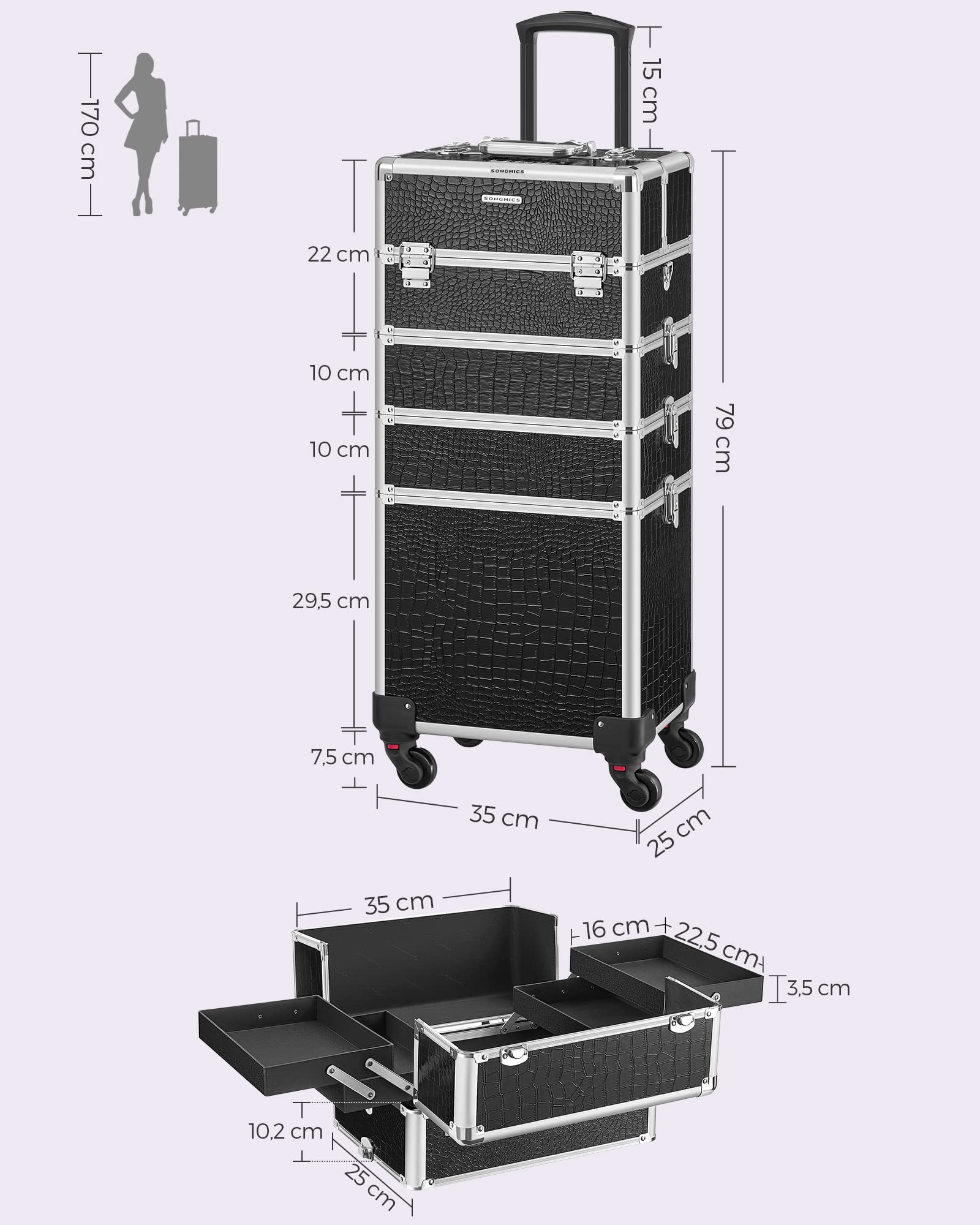 Songmics JHZ06B Trolley Make Up Nero 4in1 35x25x79