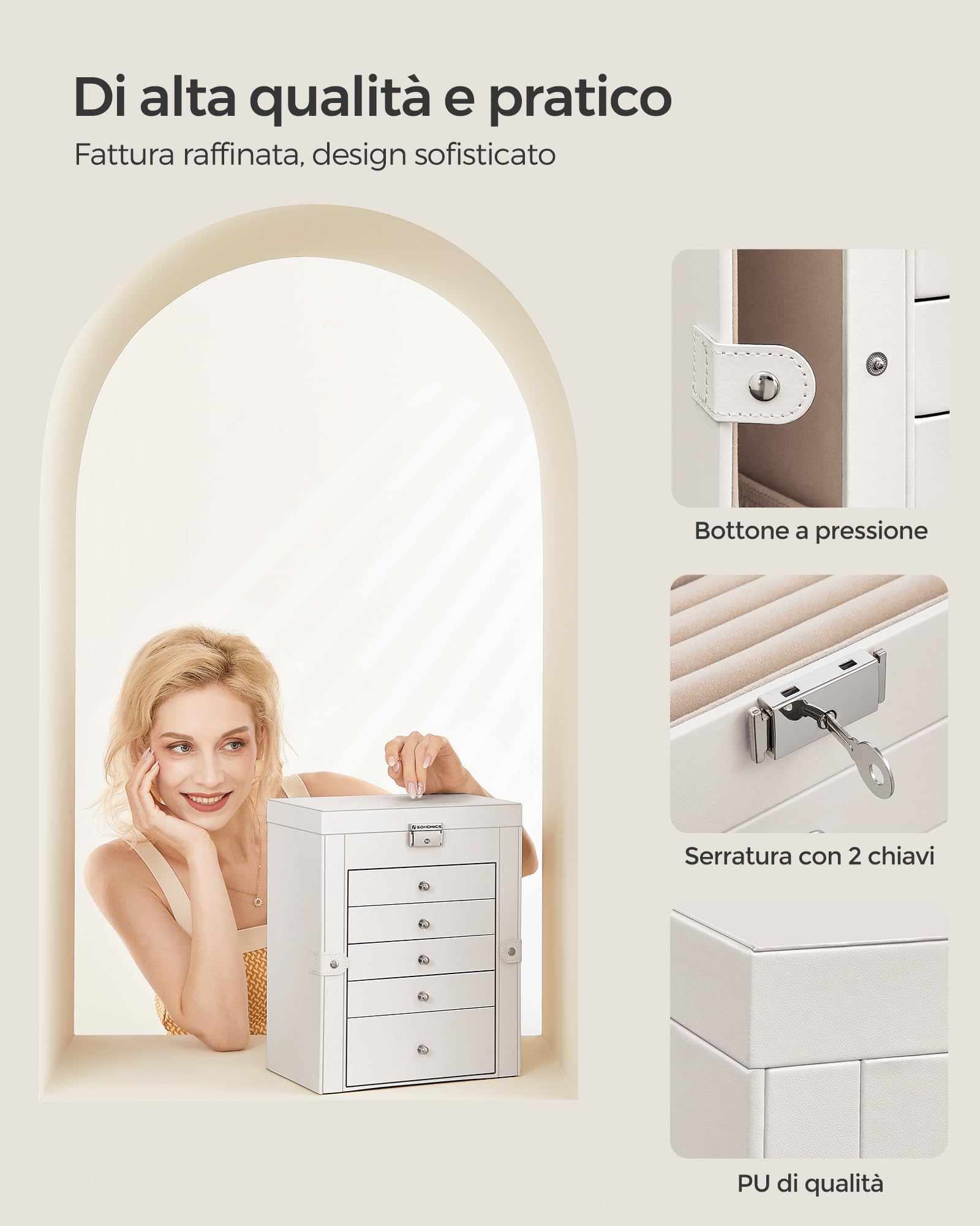 Songmics JBC152W01 scatola portagioie 6 livelli bianco con specchio