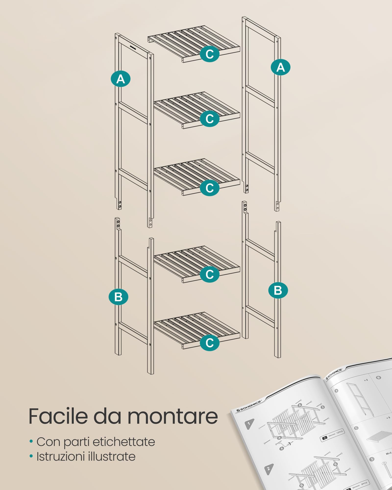 Songmics BCB055N01 scaffale bambù 5 ripiani 33x33x146 cm