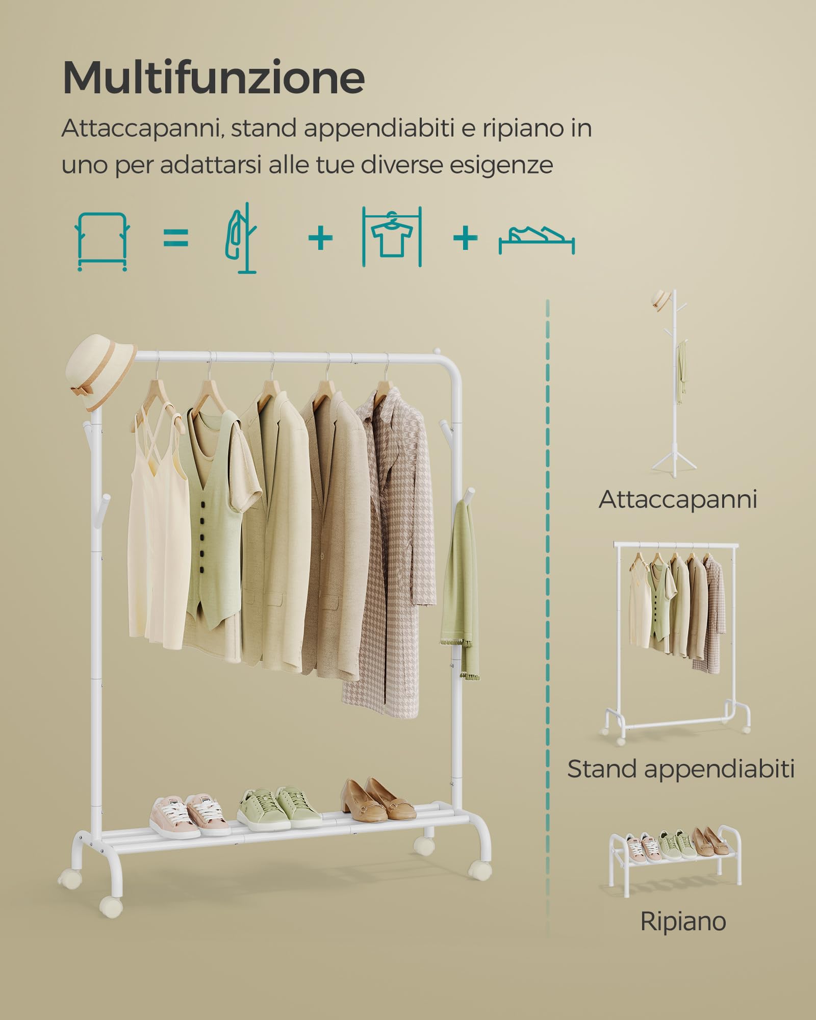 Songmics HSR131W01 appendiabiti bianco 103,5 cm con ruote