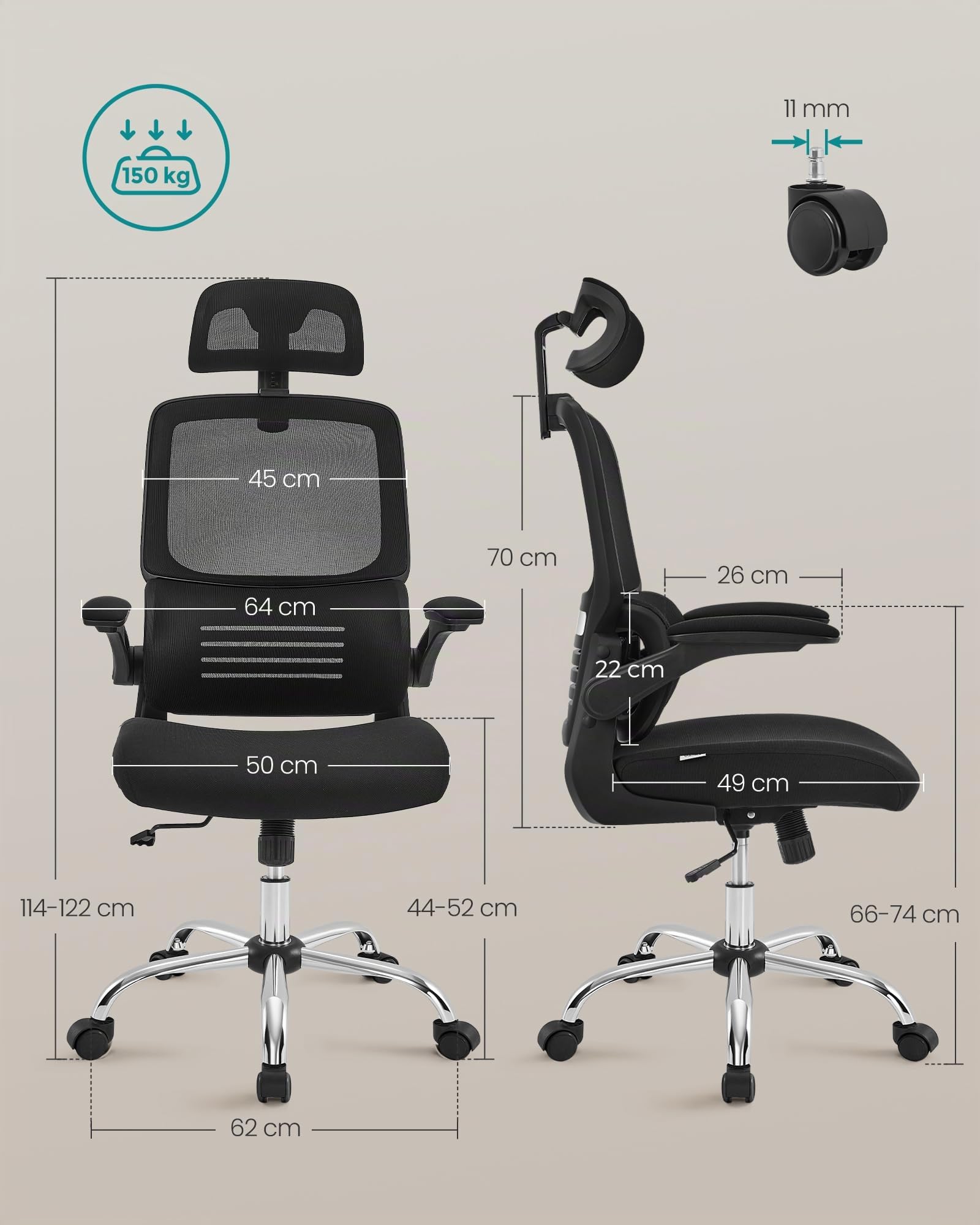 Songmics OBN040B01 Sedia Ufficio Rete Nera Ergonomica