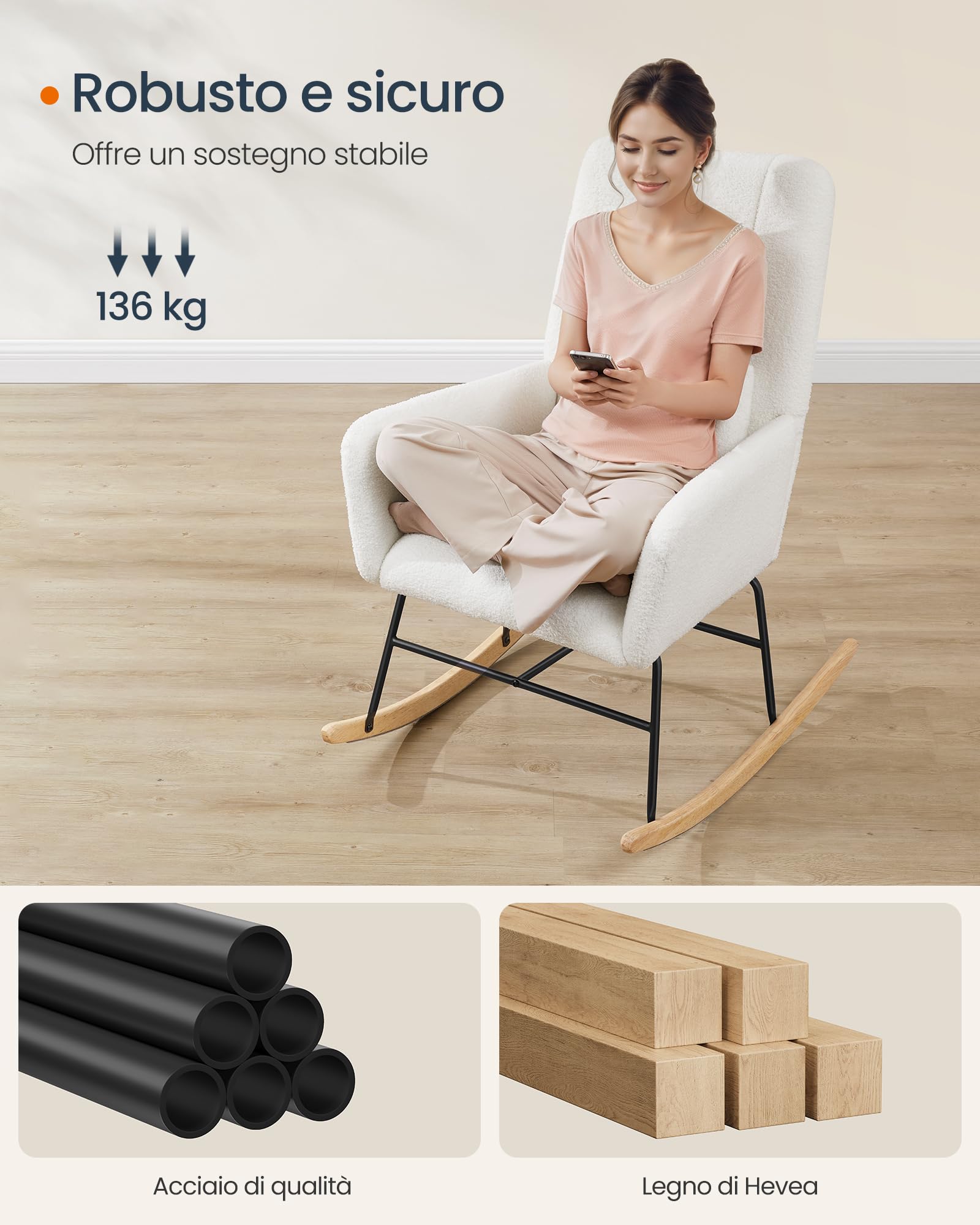 Songmics Home LYY500W01 sedia a dondolo bianco crema peluche
