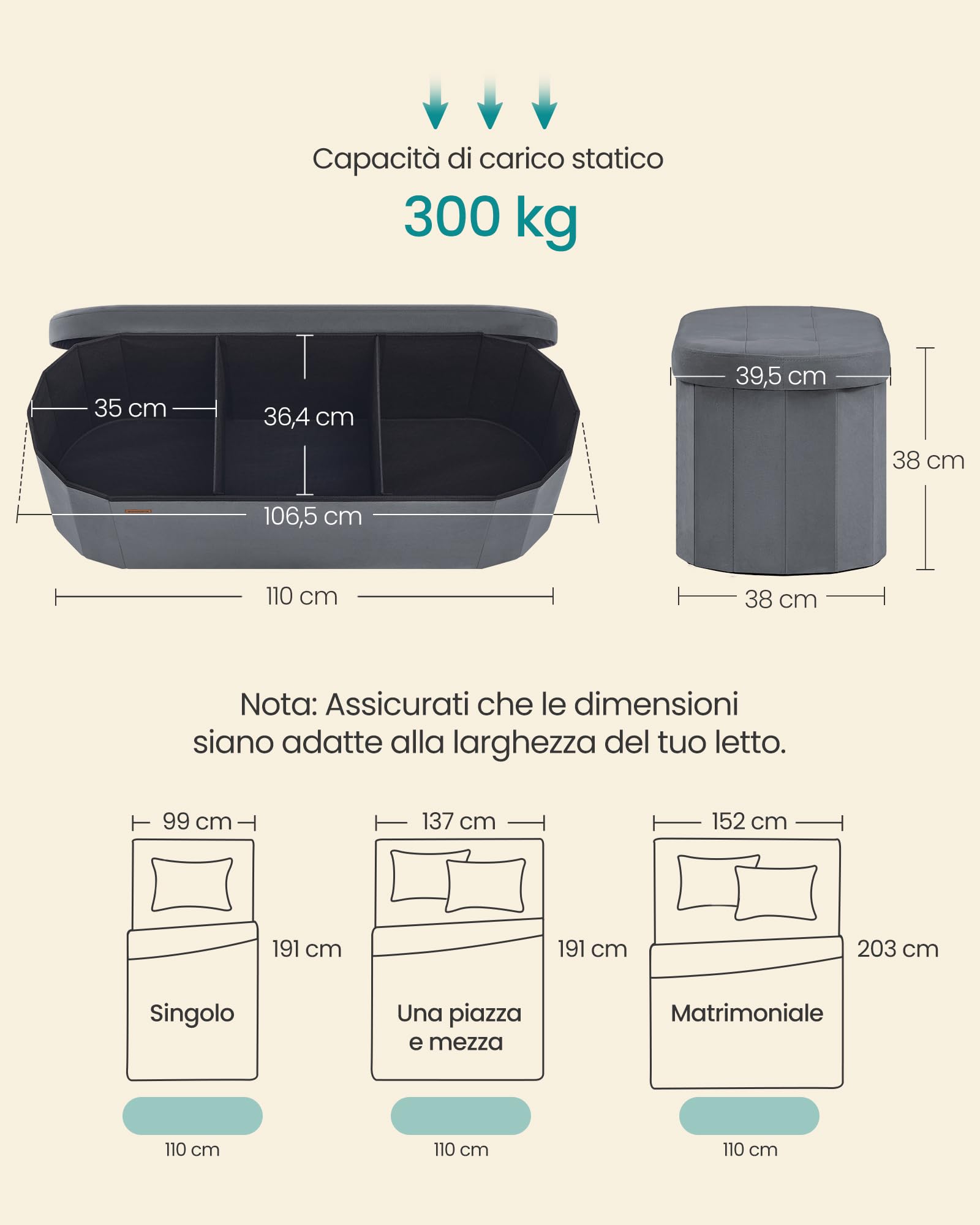 SONGMICS LSF297GN01 Pouf Contenitore Grigio Ardesia 110 L