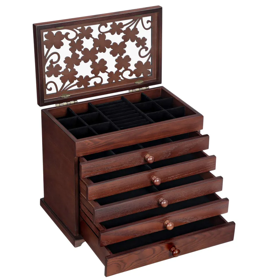 Songmics JBC56W Scatola Portagioie Legno Marrone 6 Livelli Velluto