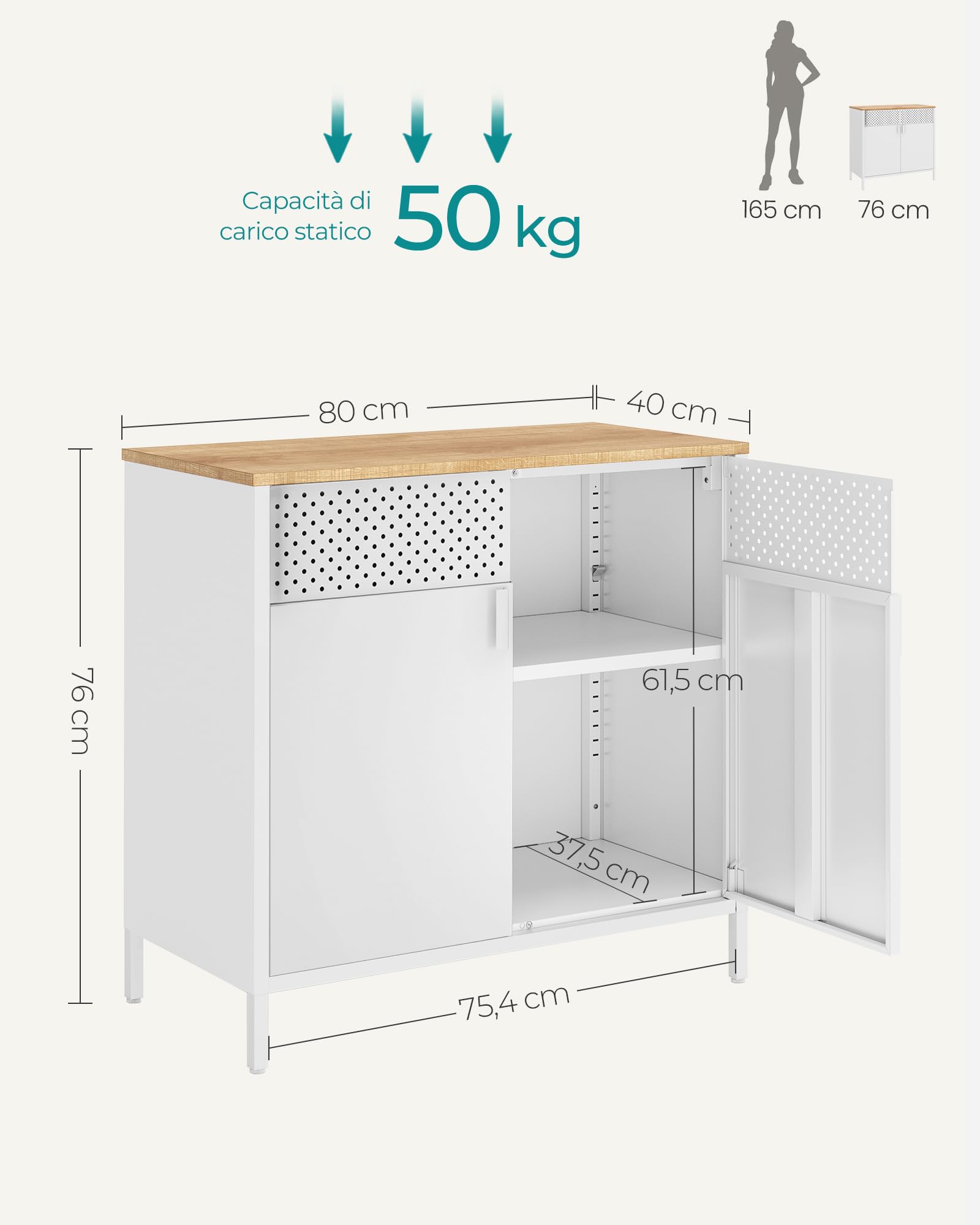 Songmics LSC102W57 Mobiletto 2 Ante Acciaio Beige Bianco 80cm