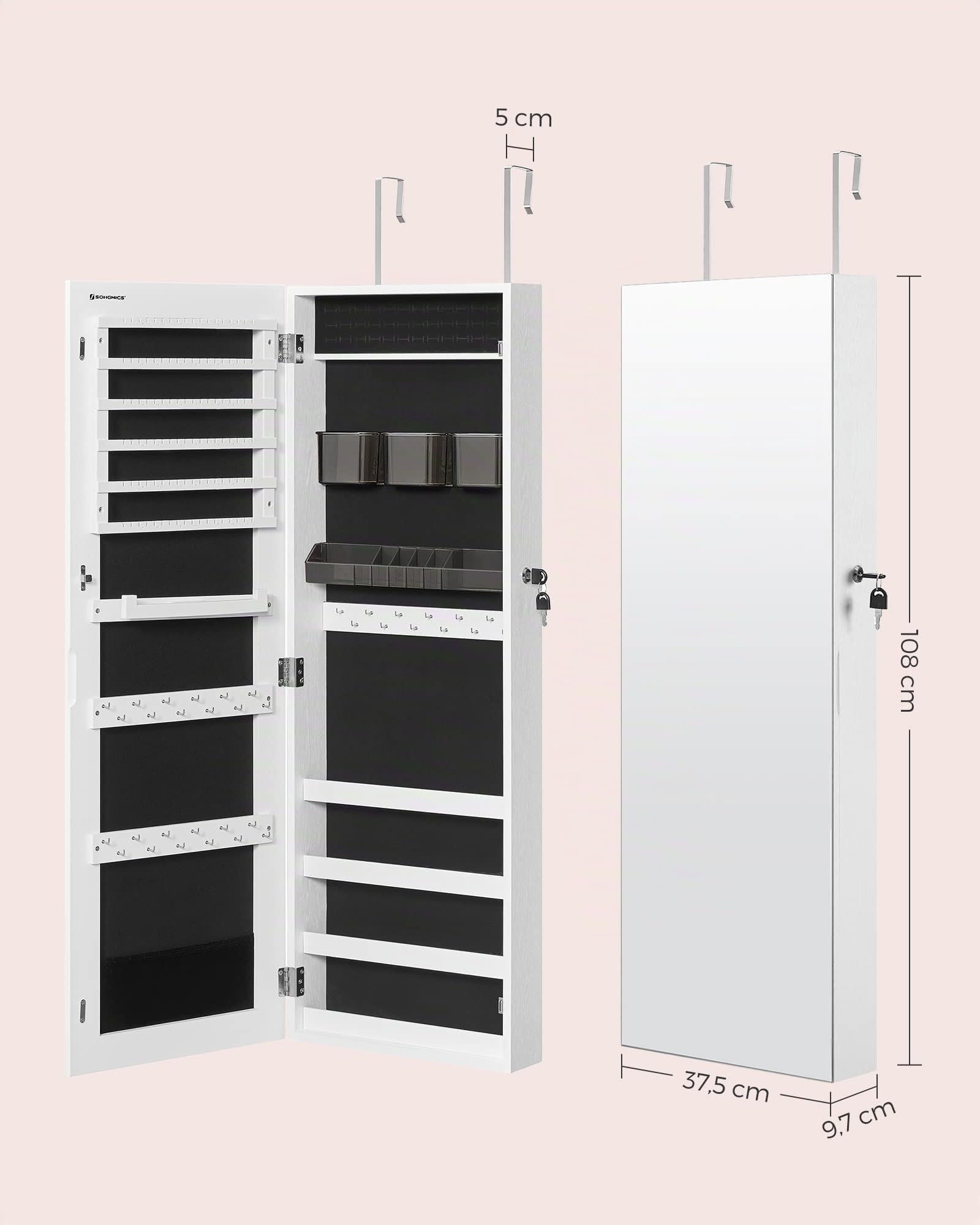 Songmics JJC001W01 Specchiera Portagioielli Bianco con Serratura
