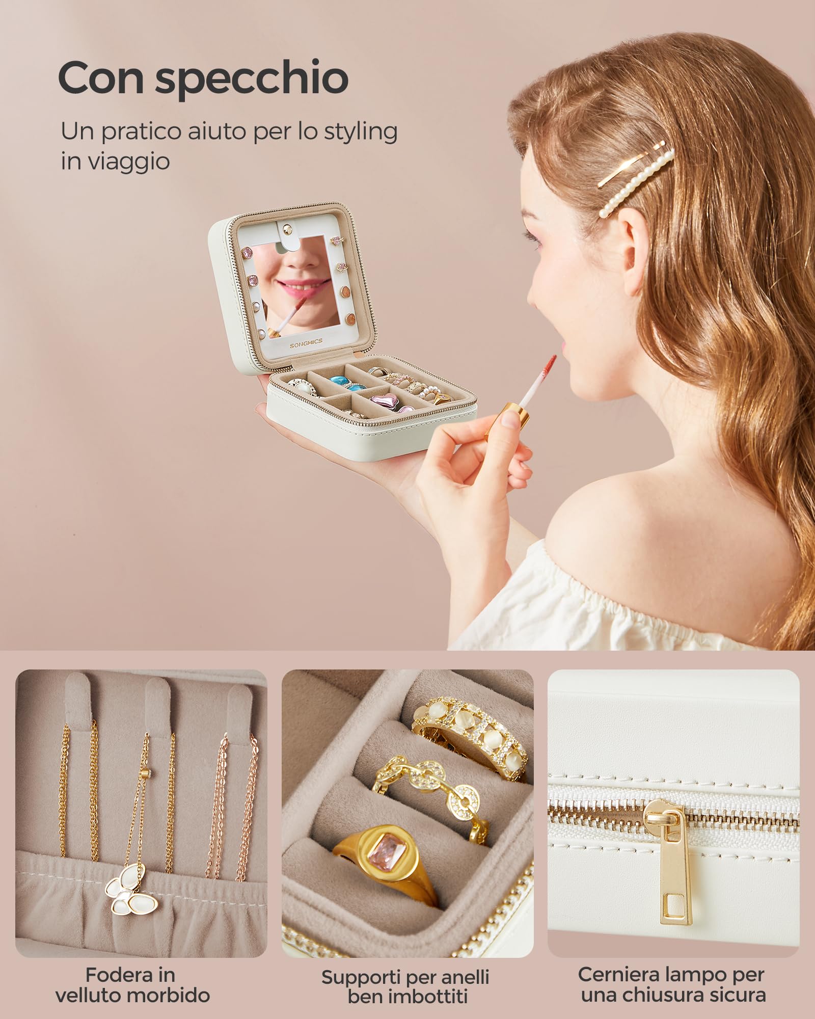 Songmics Gisella JBC146BEV2 portagioie Bianco Nuvola con specchio