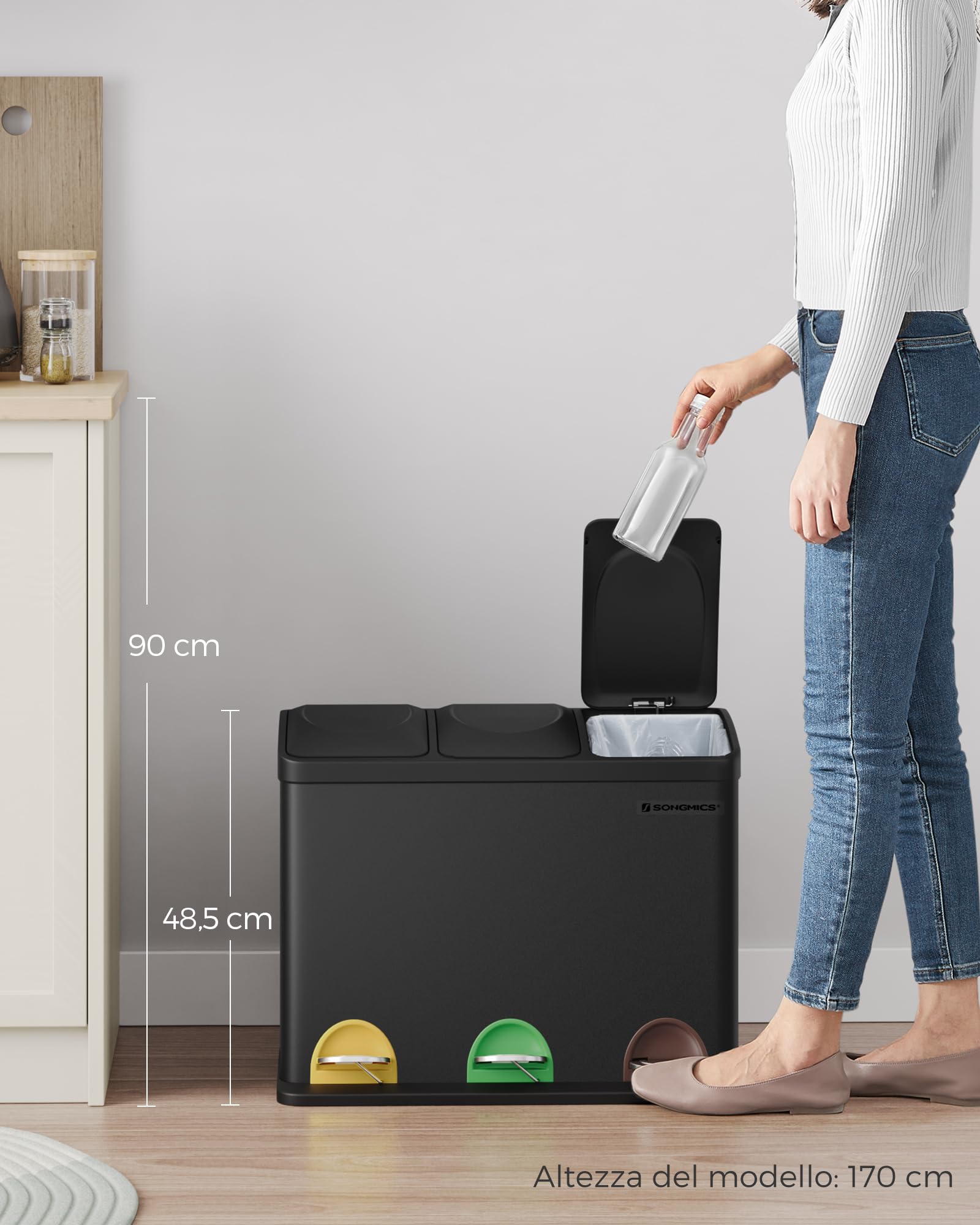Songmics LTB45B Pattumiera 45L Acciaio Nero 3x15L Pedale