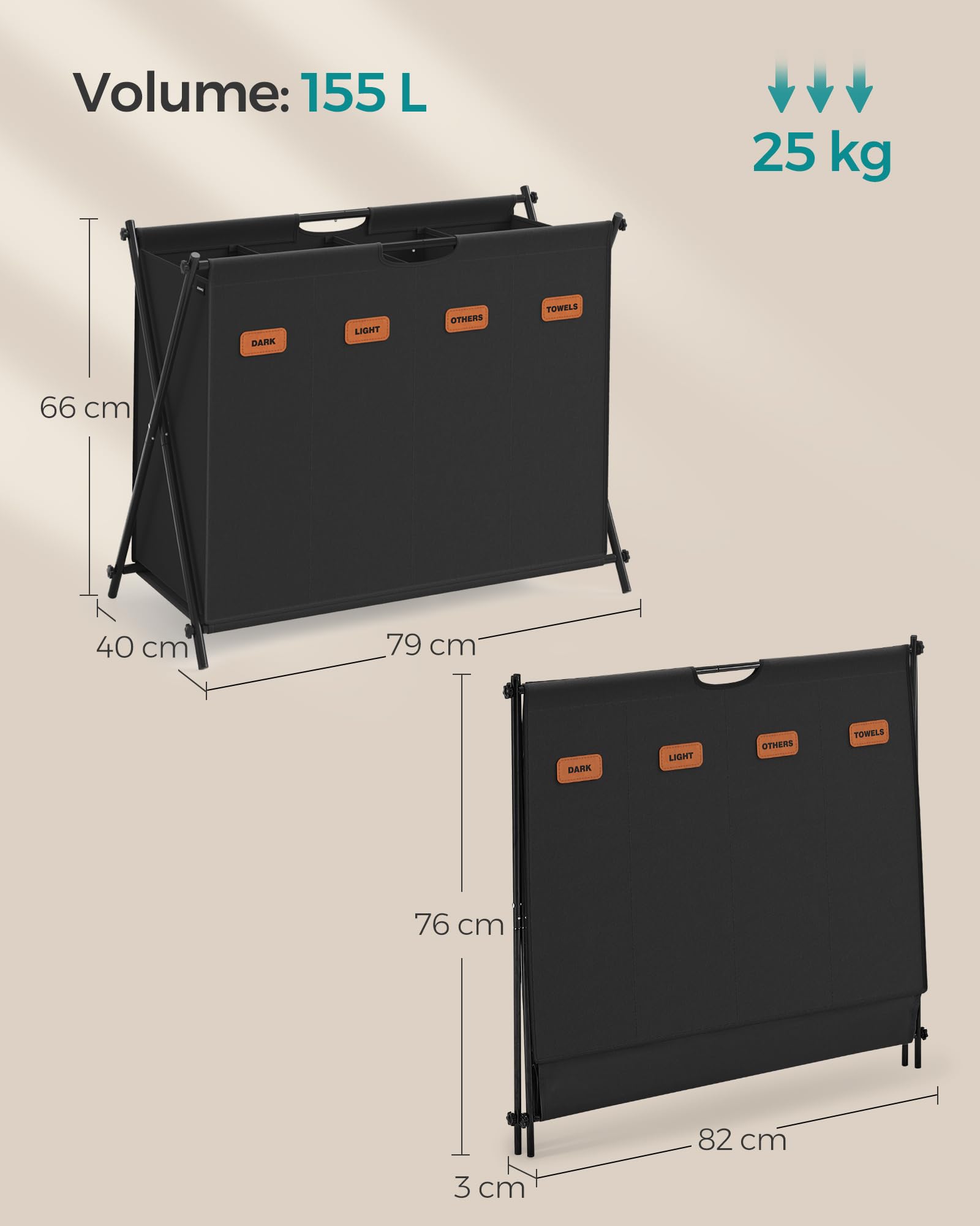 Songmics LCB140B01 cesto portabiancheria 155L nero 4 scomparti