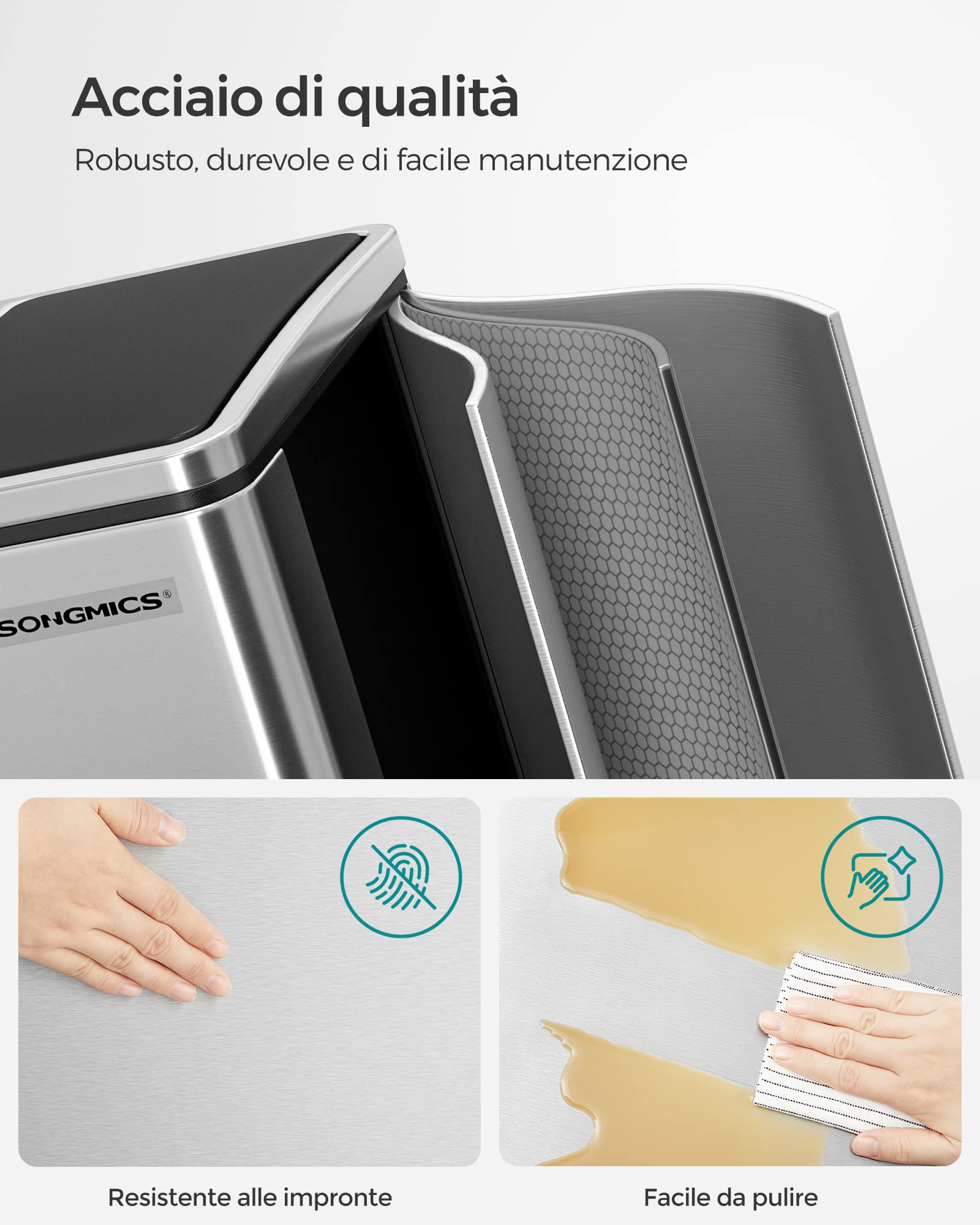 Songmics LTB30H pattumiera doppia 2x15L argento-nero pedale