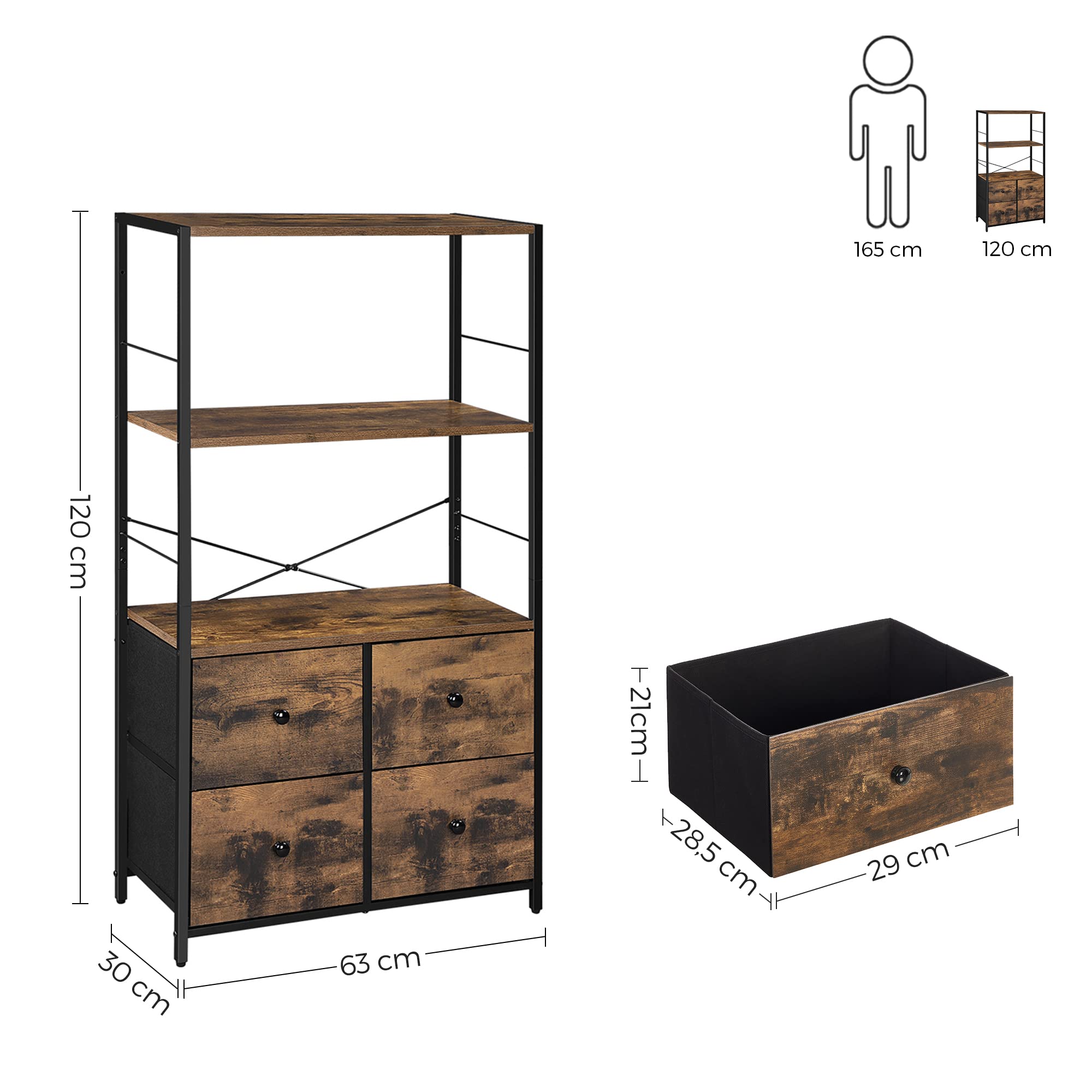 Songmics LGS044B02 mobiletto 4 cassetti marrone rustico e nero
