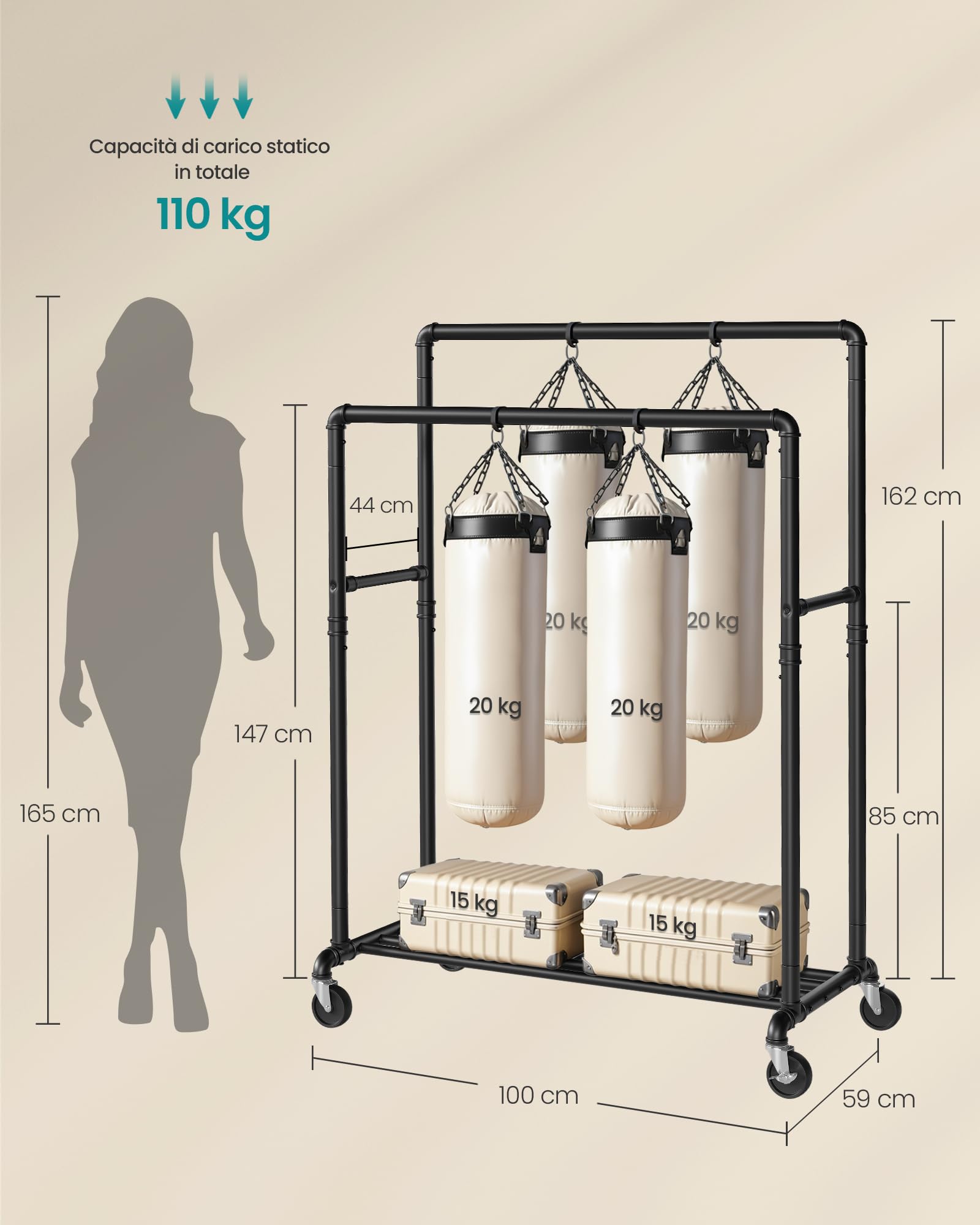 Songmics HSR60B stand appendiabiti doppia barra nero 110 kg