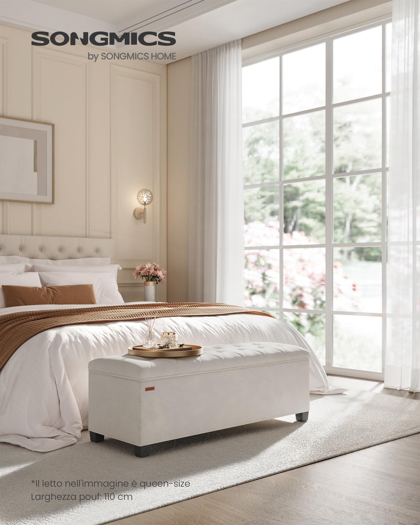 Songmics LSF089W01 cassapanca pouf bianco crema 110 cm velluto