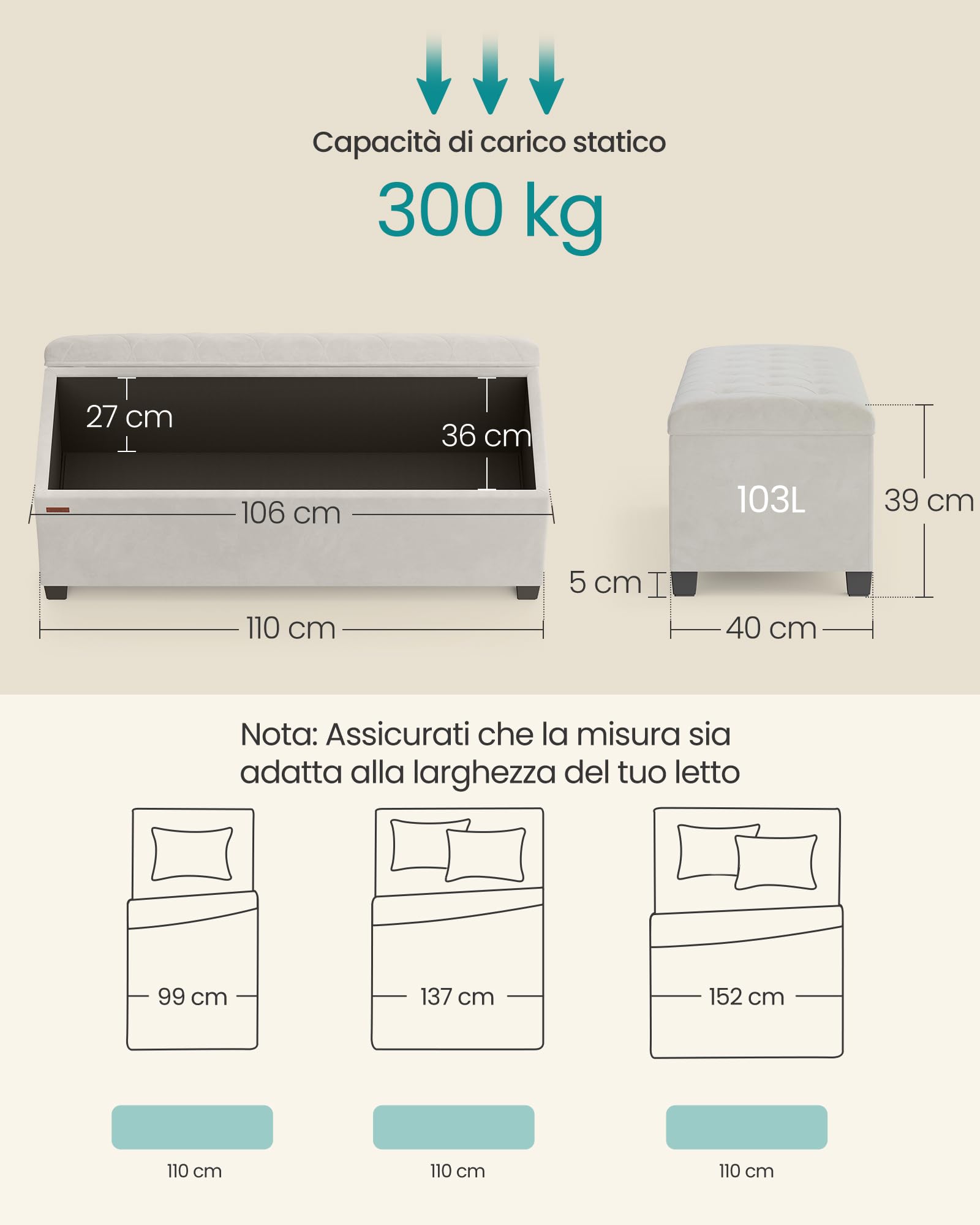 Songmics LSF089W01 cassapanca pouf bianco crema 110 cm velluto