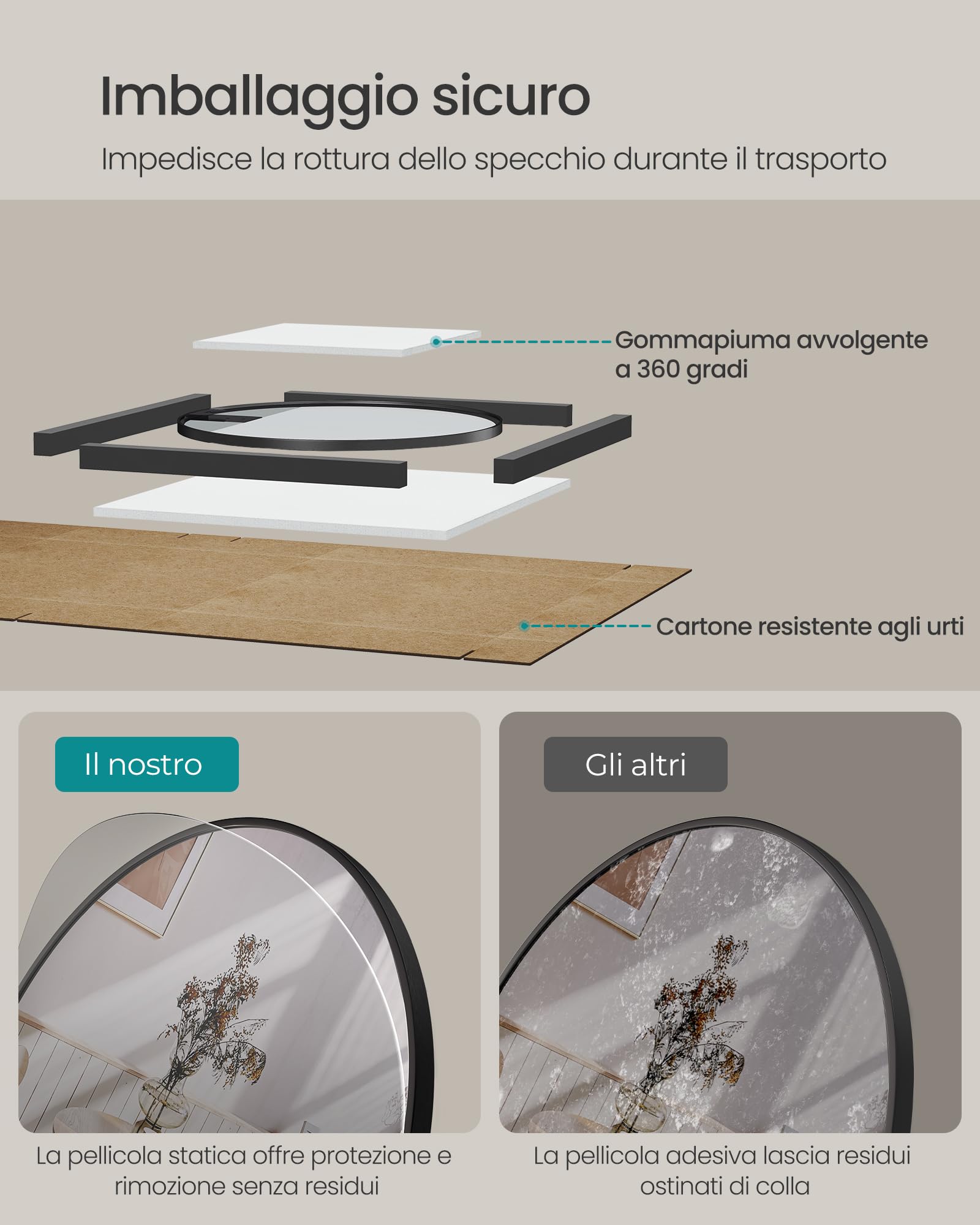 Songmics Berit Specchio Parete Rotondo Nero 61x61 cm Alluminio