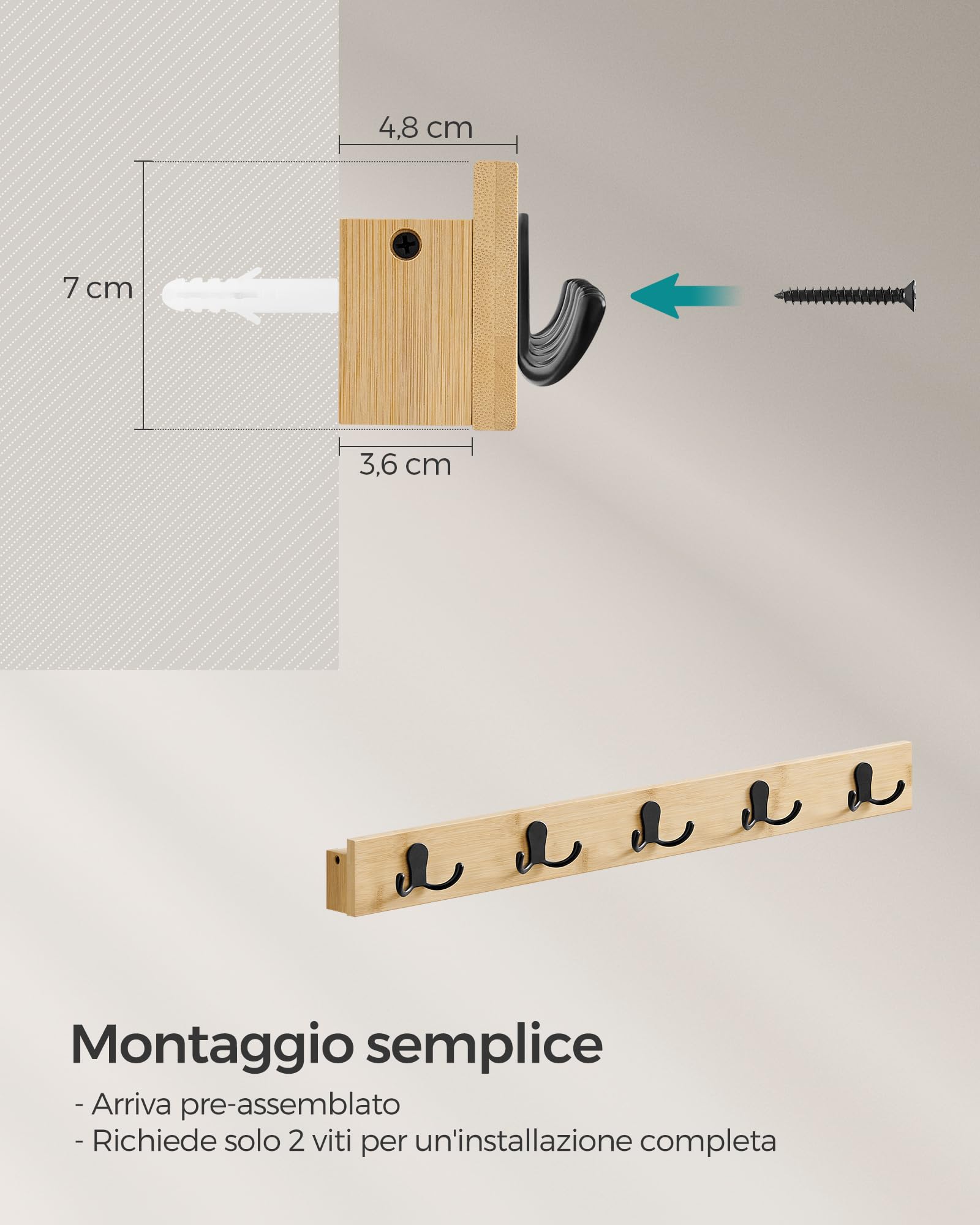 Songmics LCR005N01 appendiabiti da parete beige 5 ganci bambù