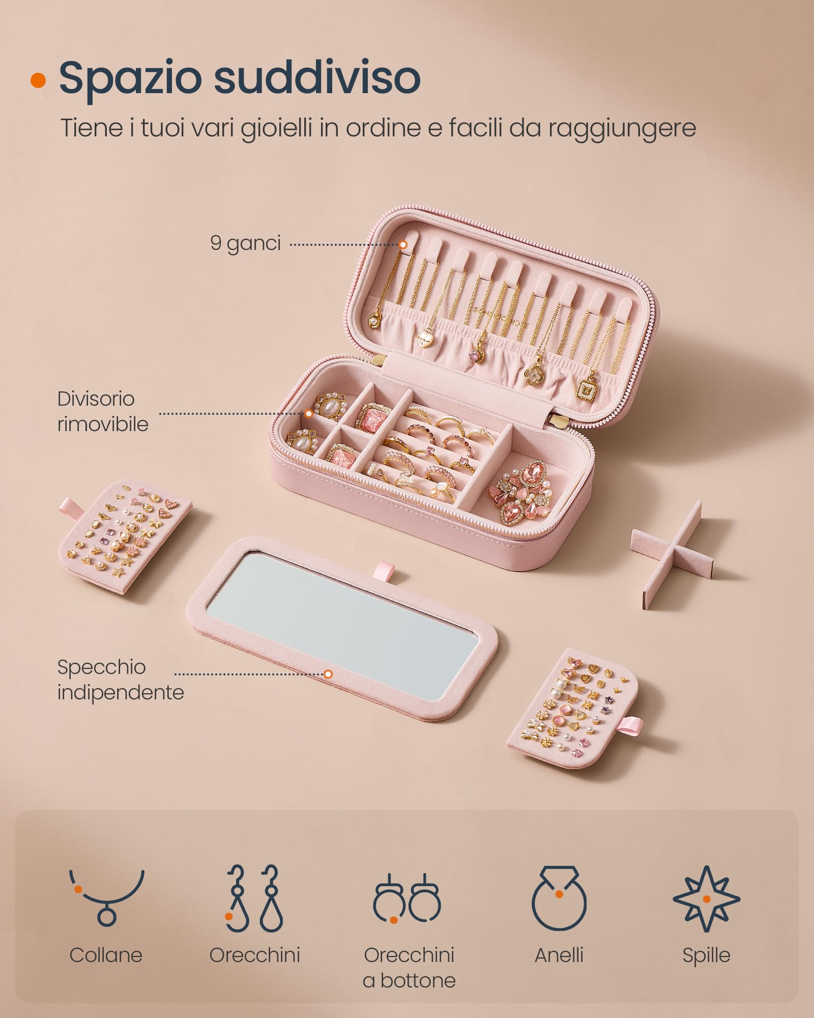 Songmics Anah JBC180S01 portagioie viaggio rosa con specchio
