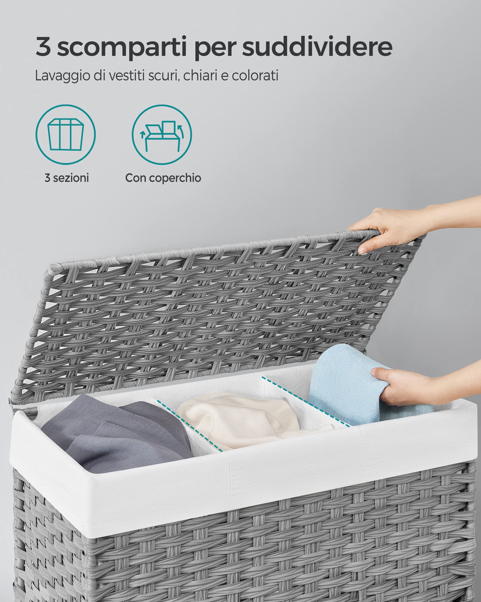 Songmics Cesto Portabiancheria 140L Grigio 3 Scomparti con Ruote