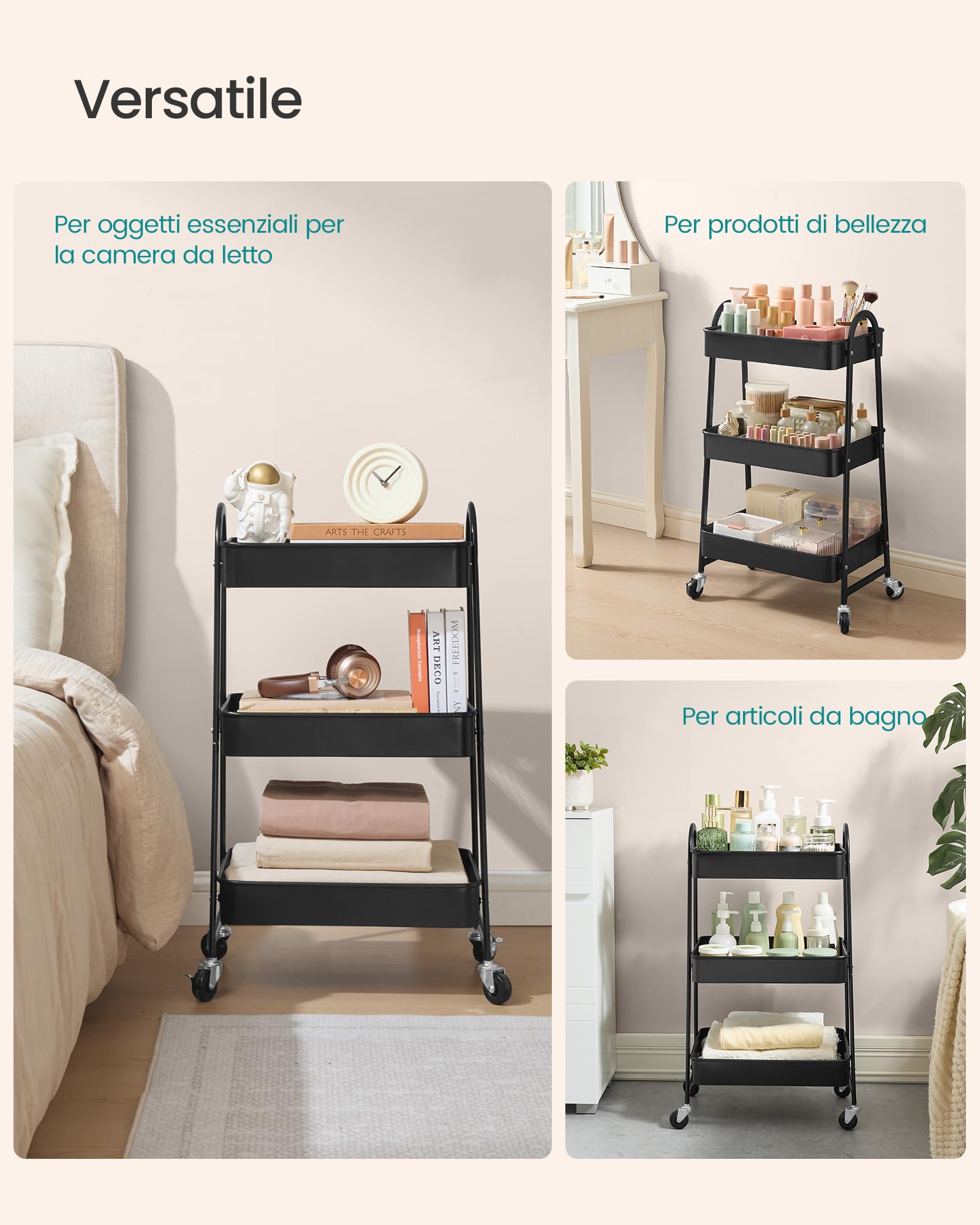 Songmics BSC068B01 Carrello Cucina Nero 3 Livelli con Ruote