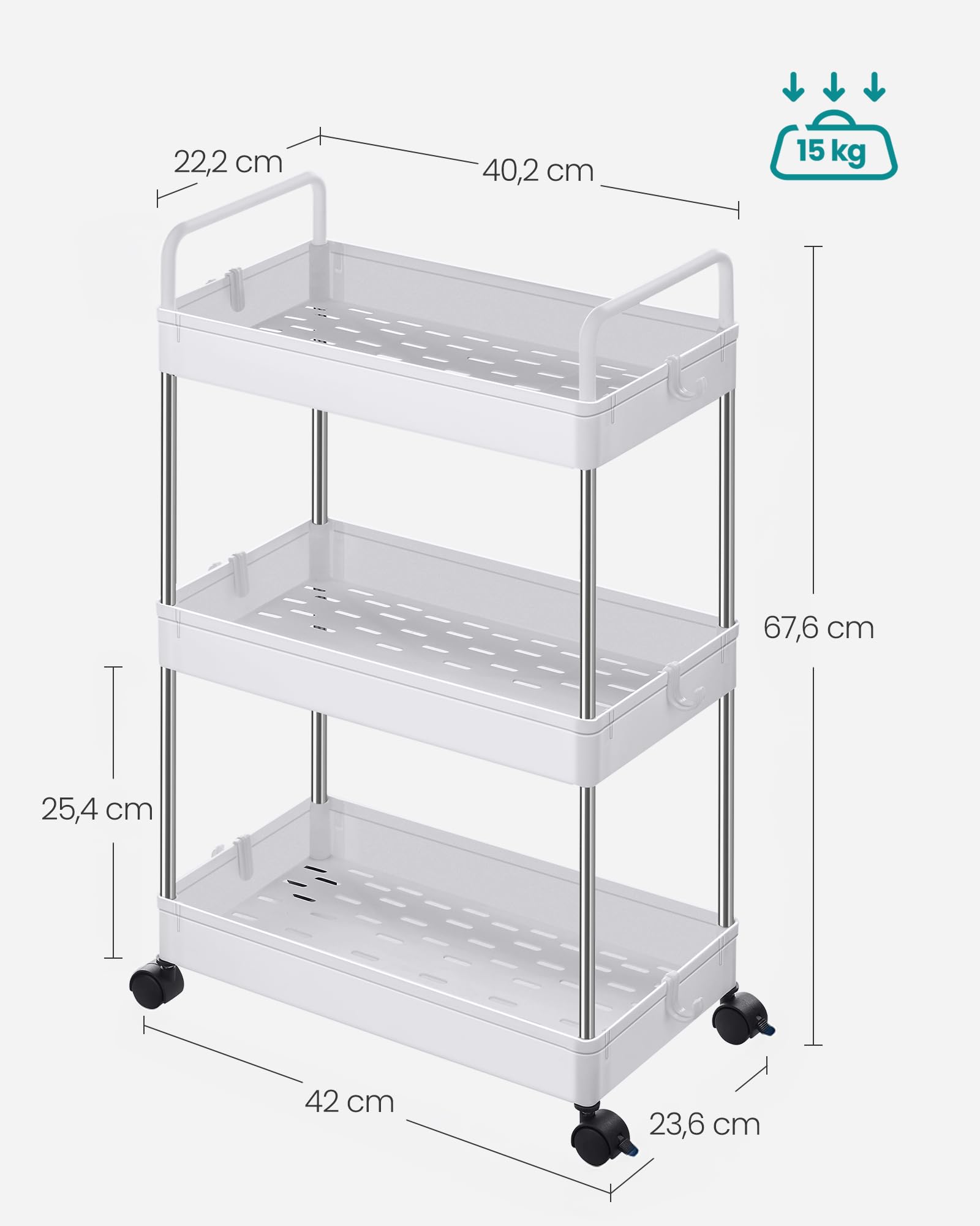 Songmics KSC019W01 carrello 3 ripiani bianco con ruote salvaspazio