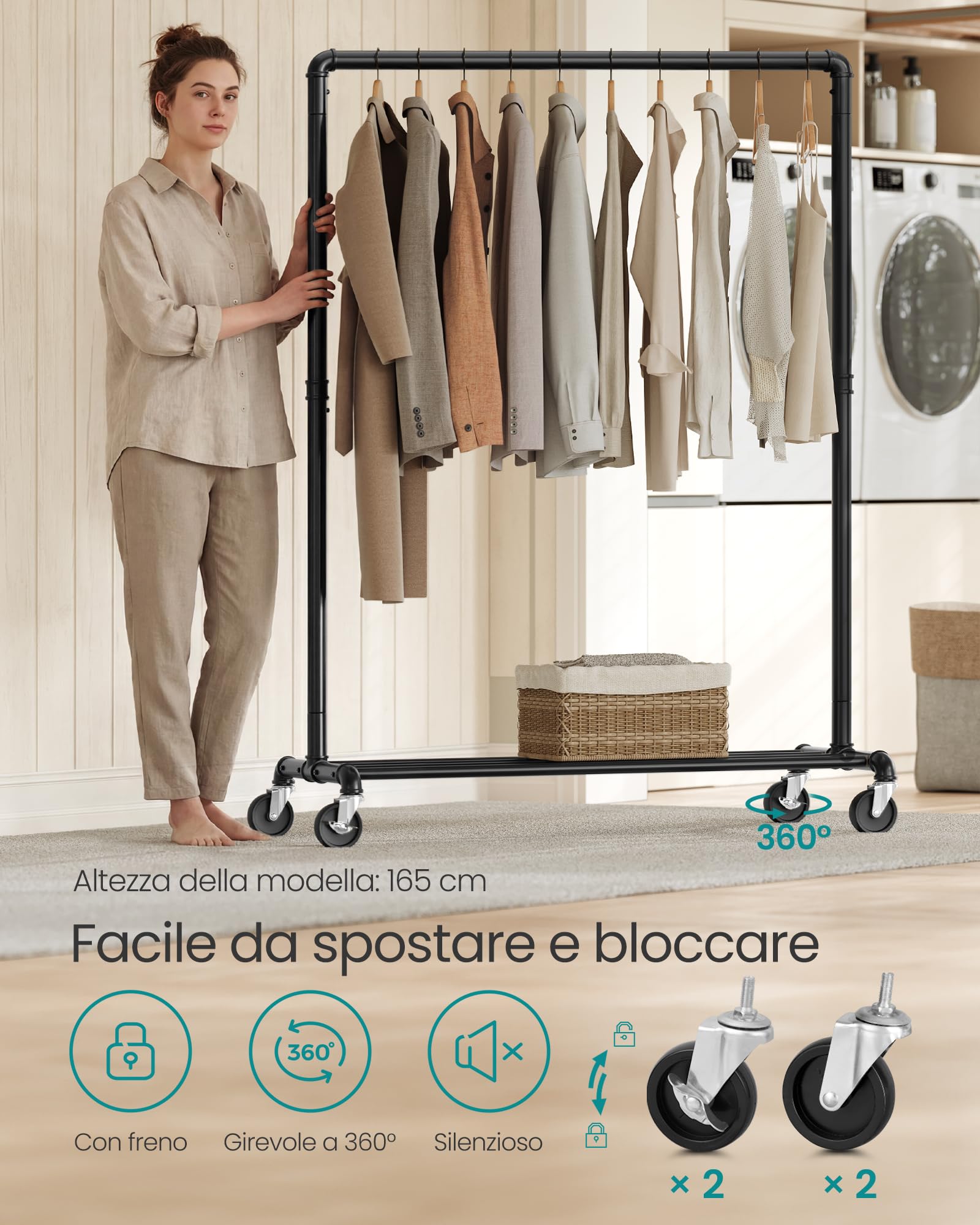 Songmics HSR61BK stender appendiabiti nero con ruote 100 cm 90 kg