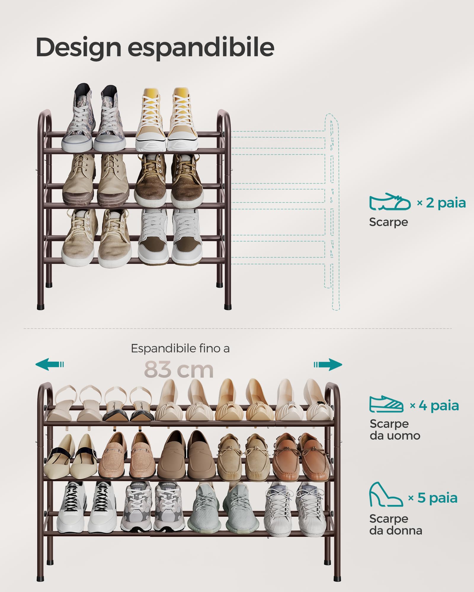 Songmics LMR039A01 scarpiera Bronzo 3 ripiani espandibile