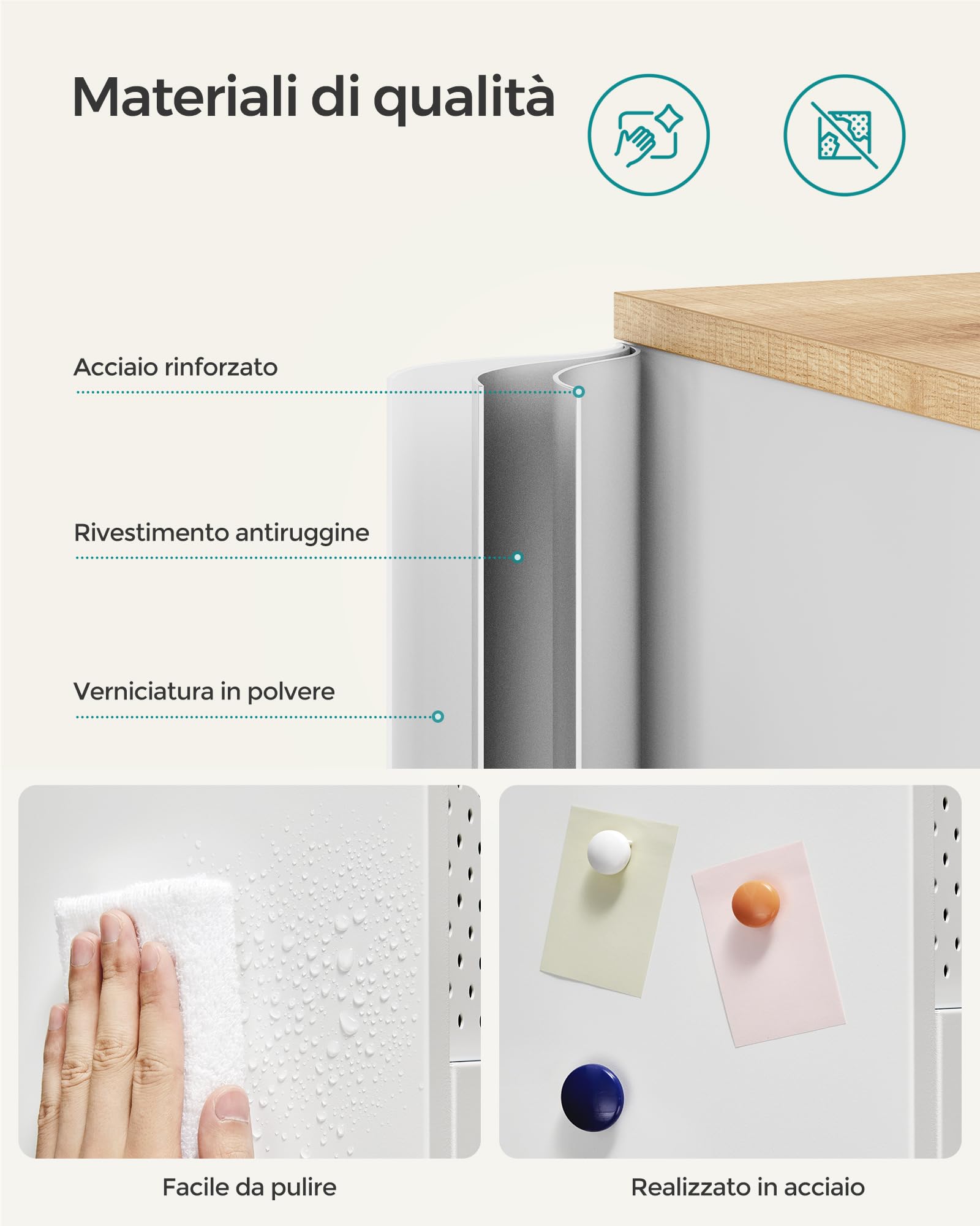 Songmics LSC102W57 Mobiletto 2 Ante Acciaio Beige Bianco 80cm