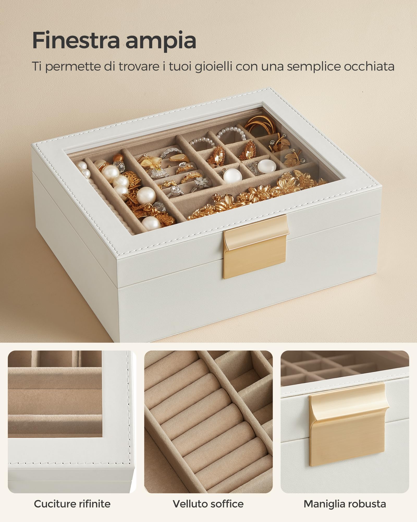 Songmics JBC238W01 scatola portagioie vetro bianco 2 livelli