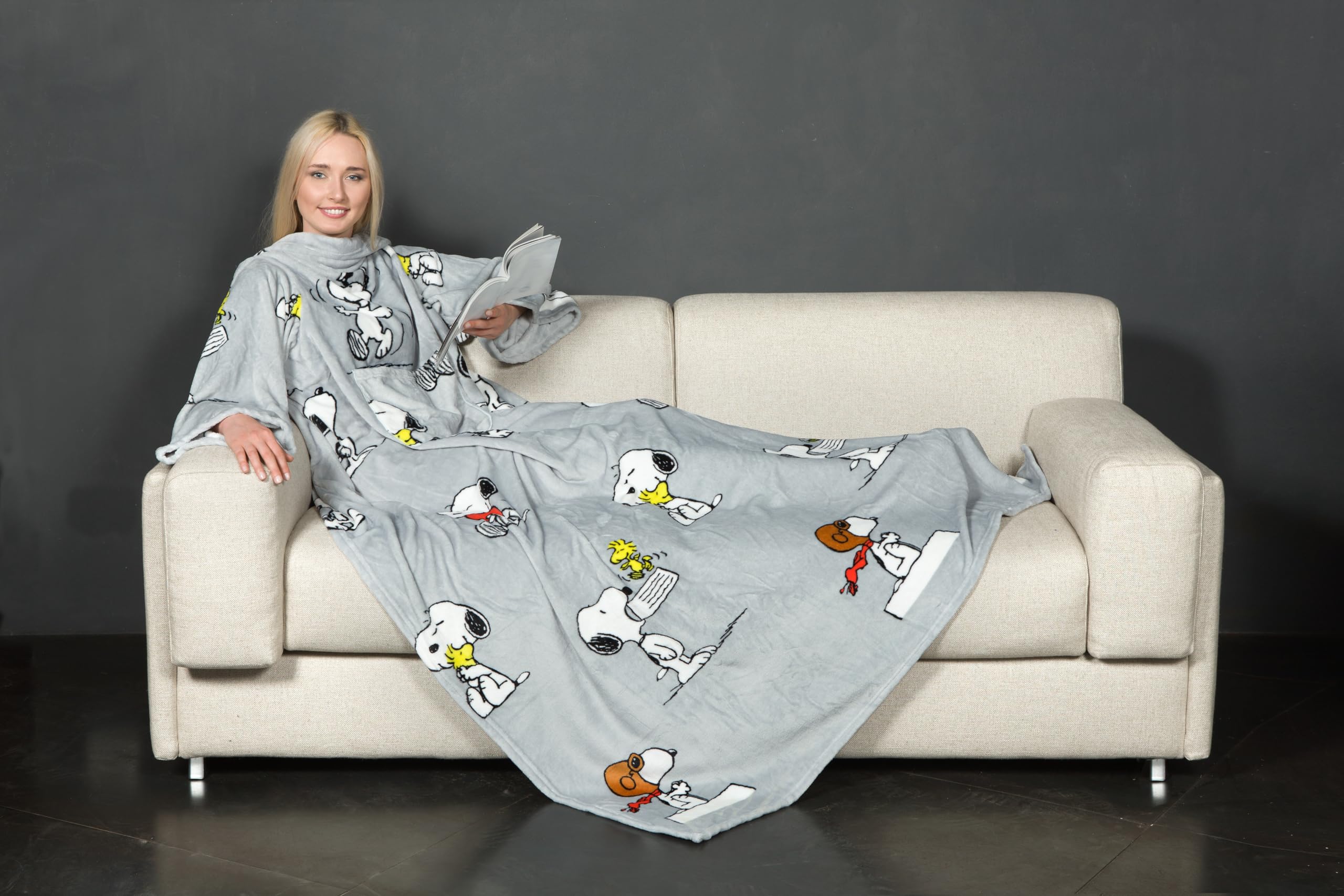 Kanguru Coperta con Maniche Snoopy Grigia 140x180 cm