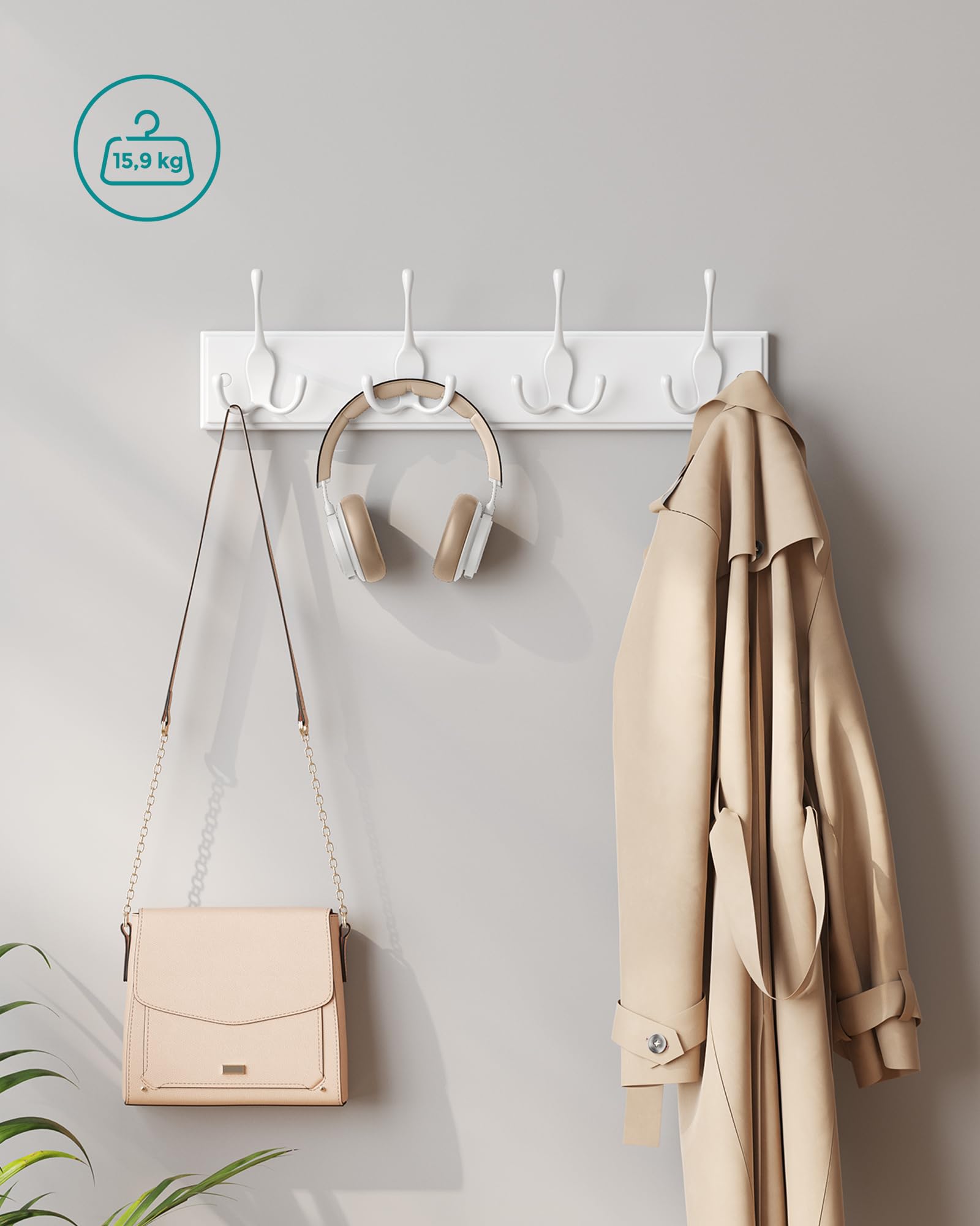 Songmics LHR30WT appendiabiti parete 4 ganci tripli bianco 40 cm