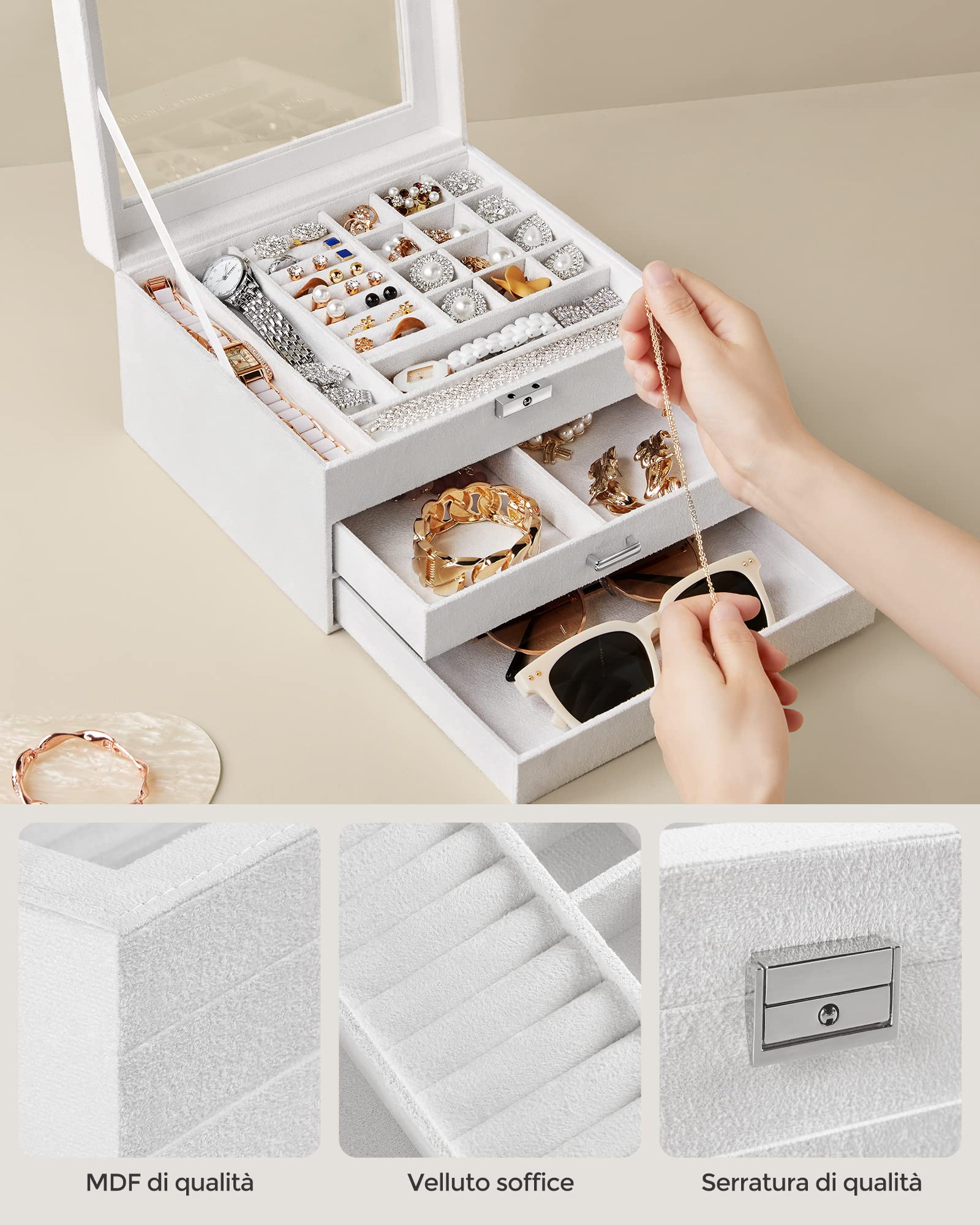 Songmics JBC158W01 scatola portagioie bianco con vetro