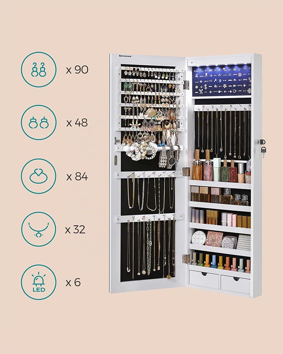 Songmics JJC99WT Armadio Gioielli Specchio LED Bianco