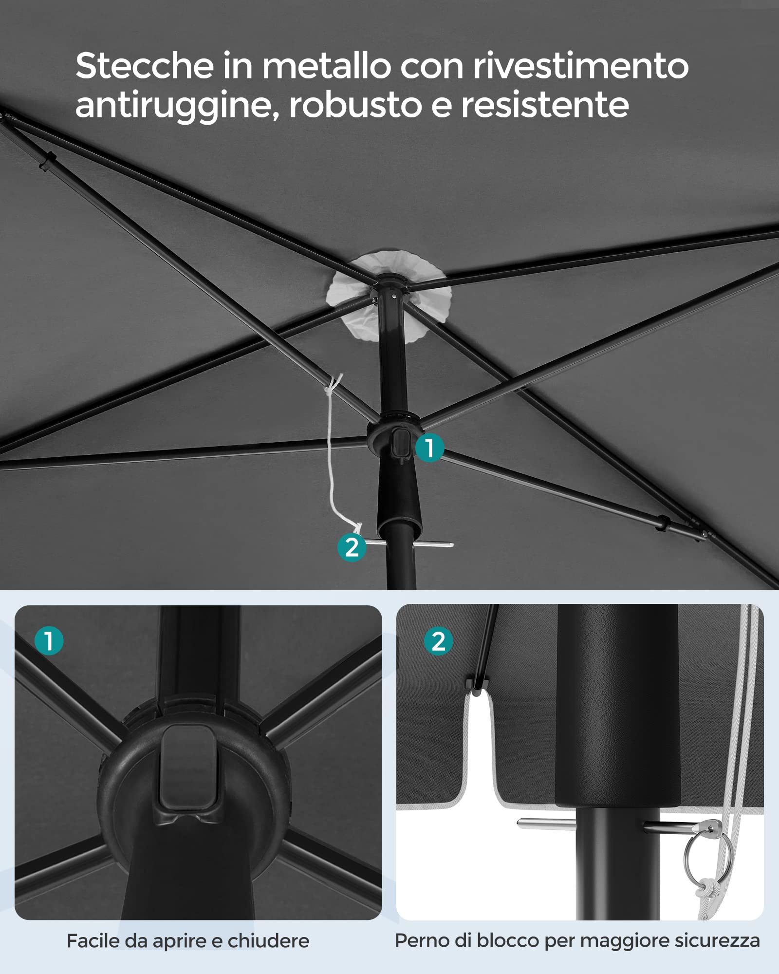 Songmics GPU180G01 ombrellone 180x125 cm grigio UPF50+
