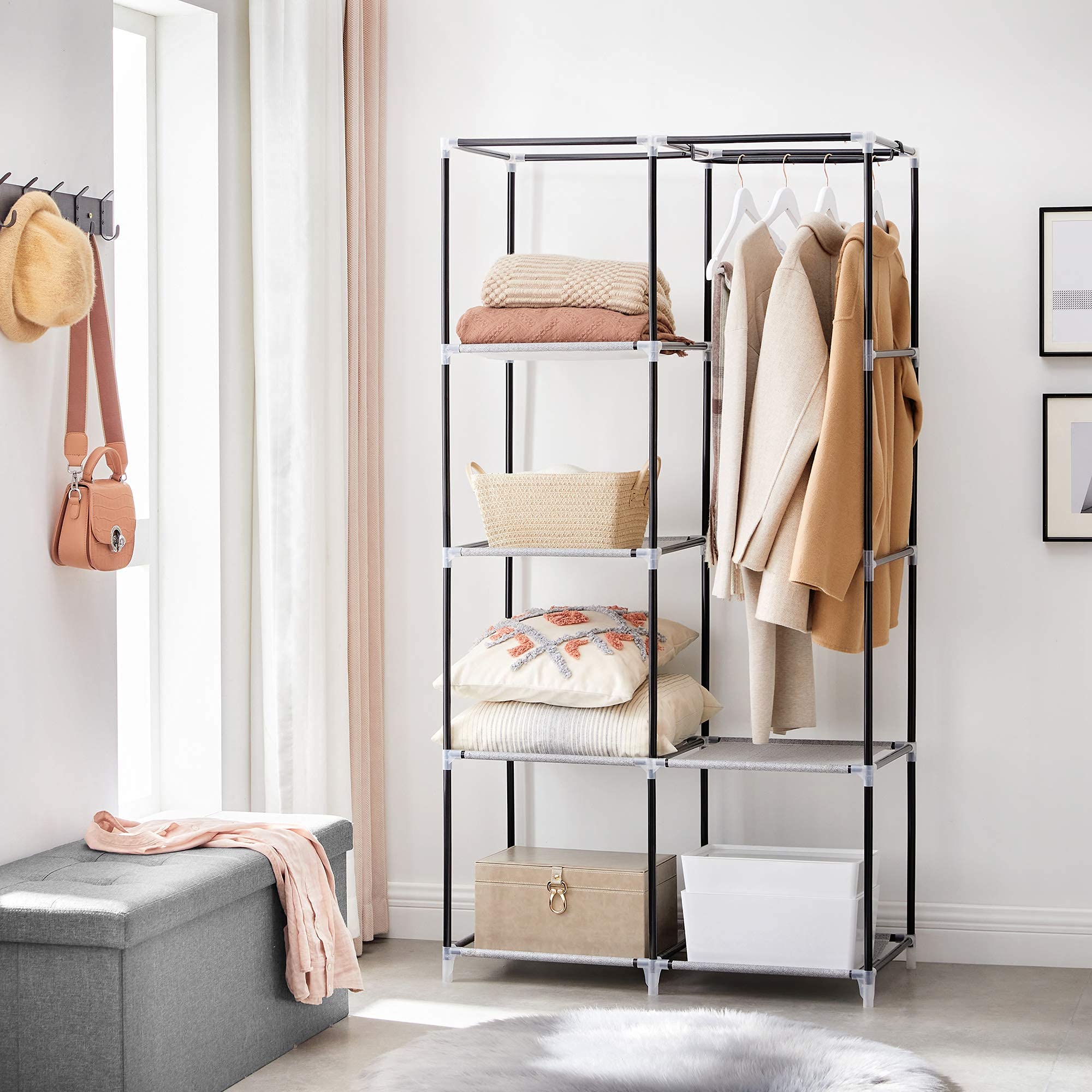 Songmics guardaroba tessuto 45x88x168 cm grigio con asta appendiabiti