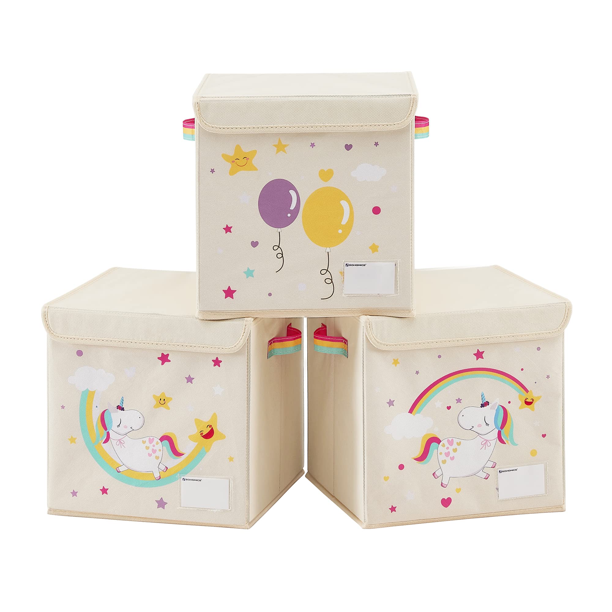 Songmics RFB710W03 Scatole Bambini Unicorno Beige 3 Pezzi 30 cm