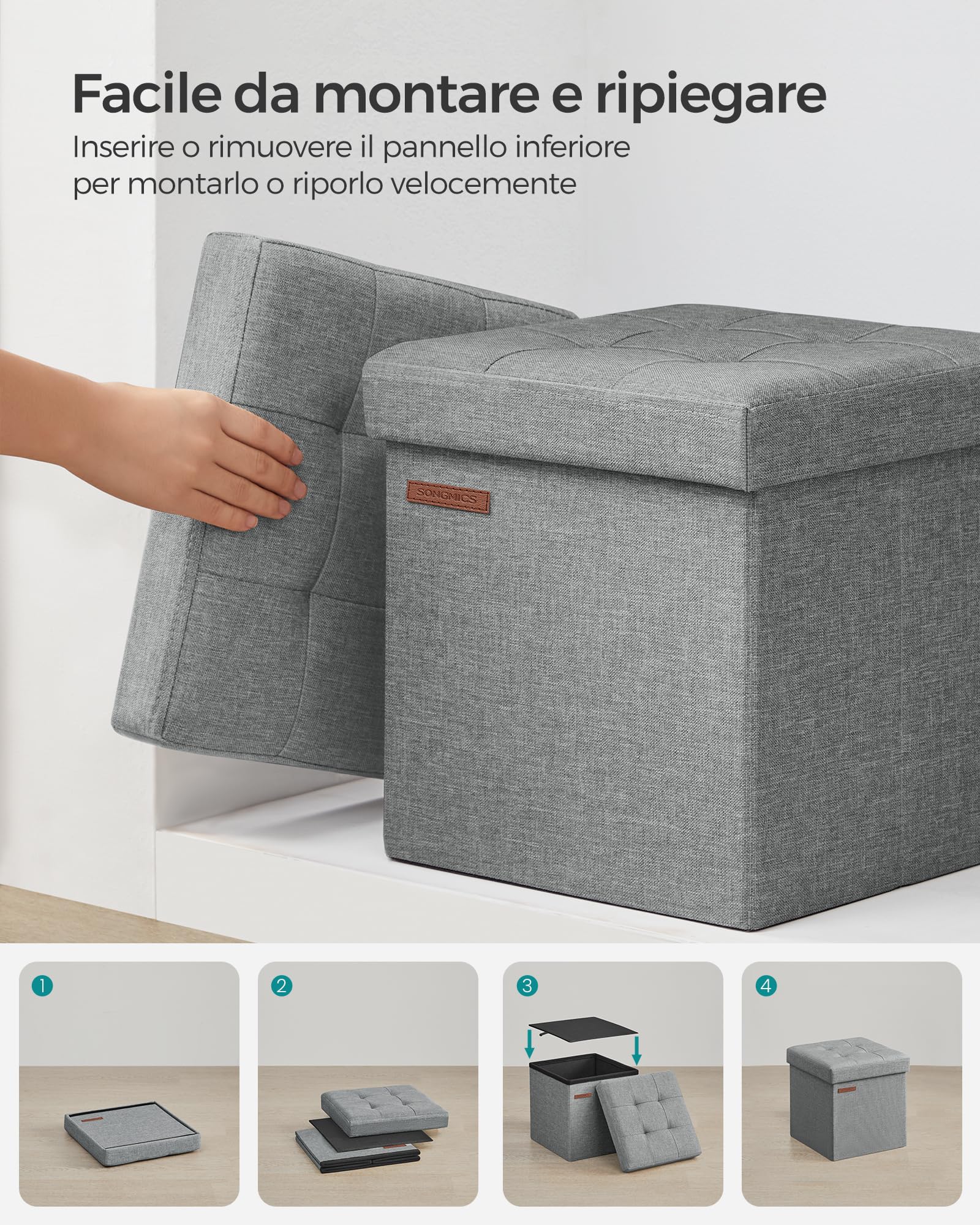 Songmics LSF028G02 pouf contenitore Grigio Chiaro 30 cm in tessuto