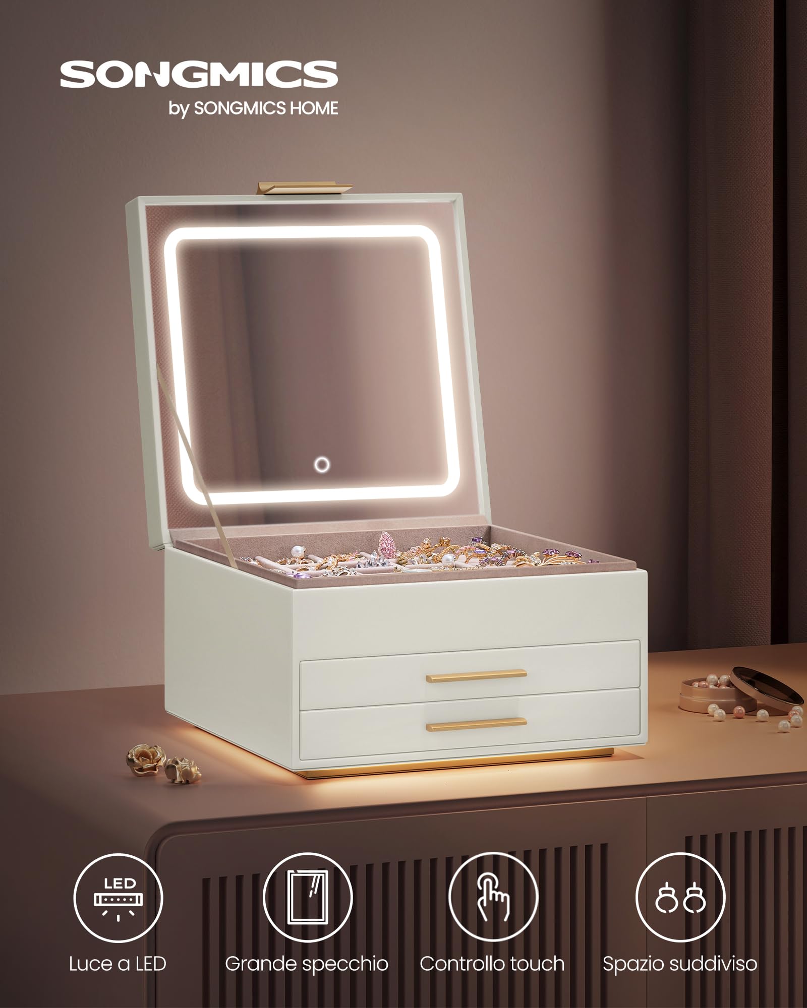 Songmics JBC169W01 scatola portagioie LED 3 livelli crema