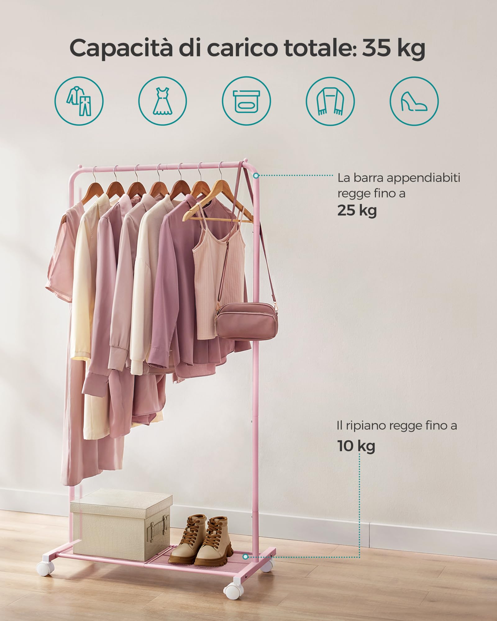 Songmics HSR130R01 stand appendiabiti ruote rosa pastello 74 cm