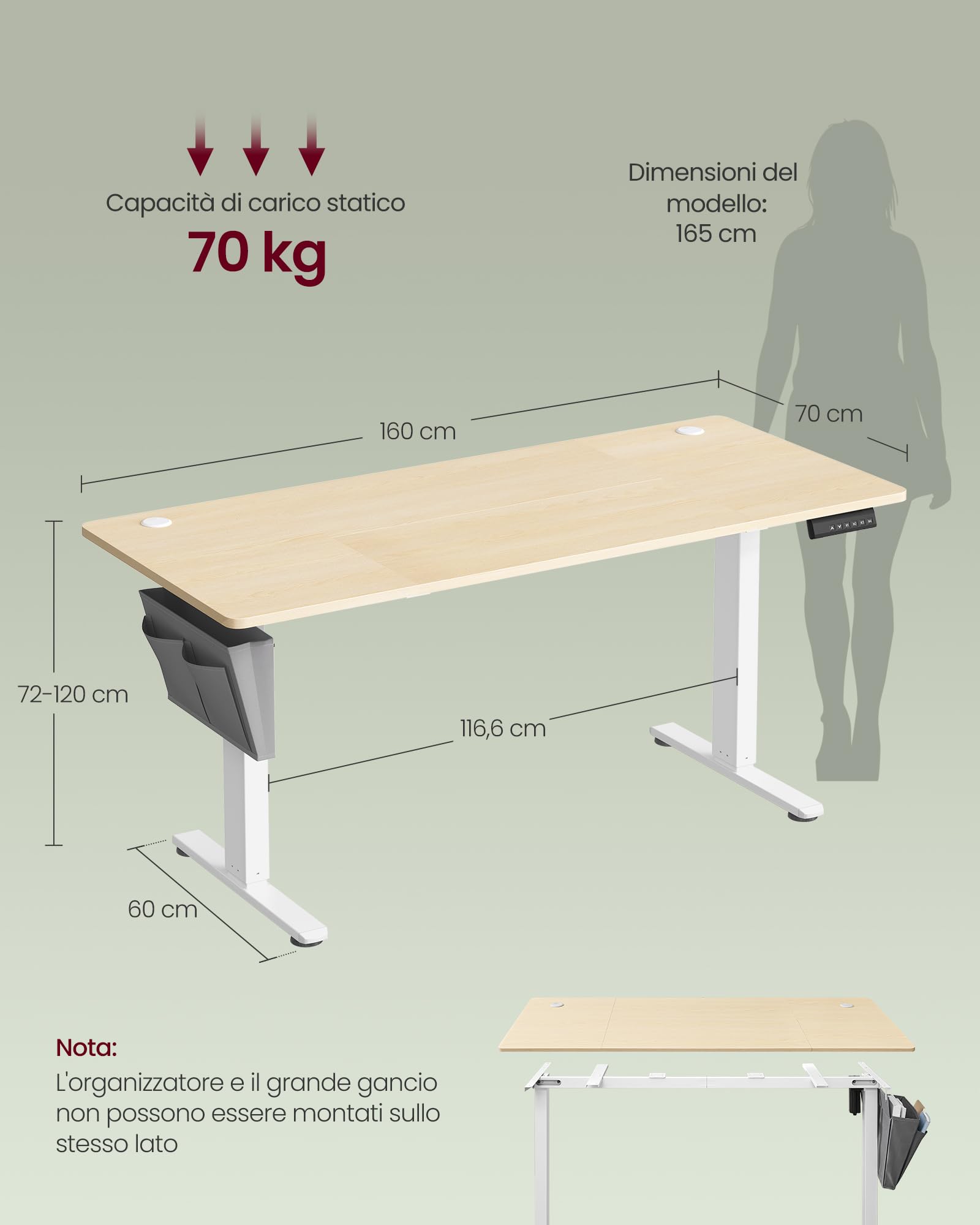 Songmics LSD136Y01 Scrivania Elettrica 160x70 Rovere Dorato