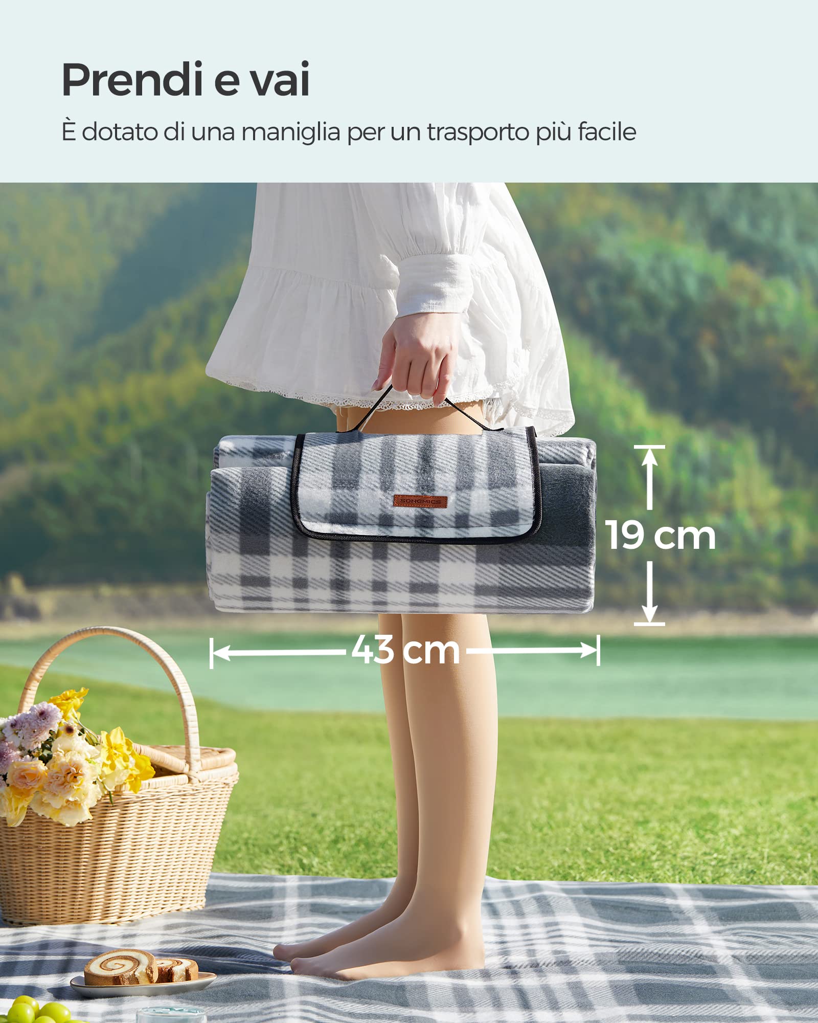Songmics GCM61GW Coperta Picnic 195x200 cm Grigio Bianco