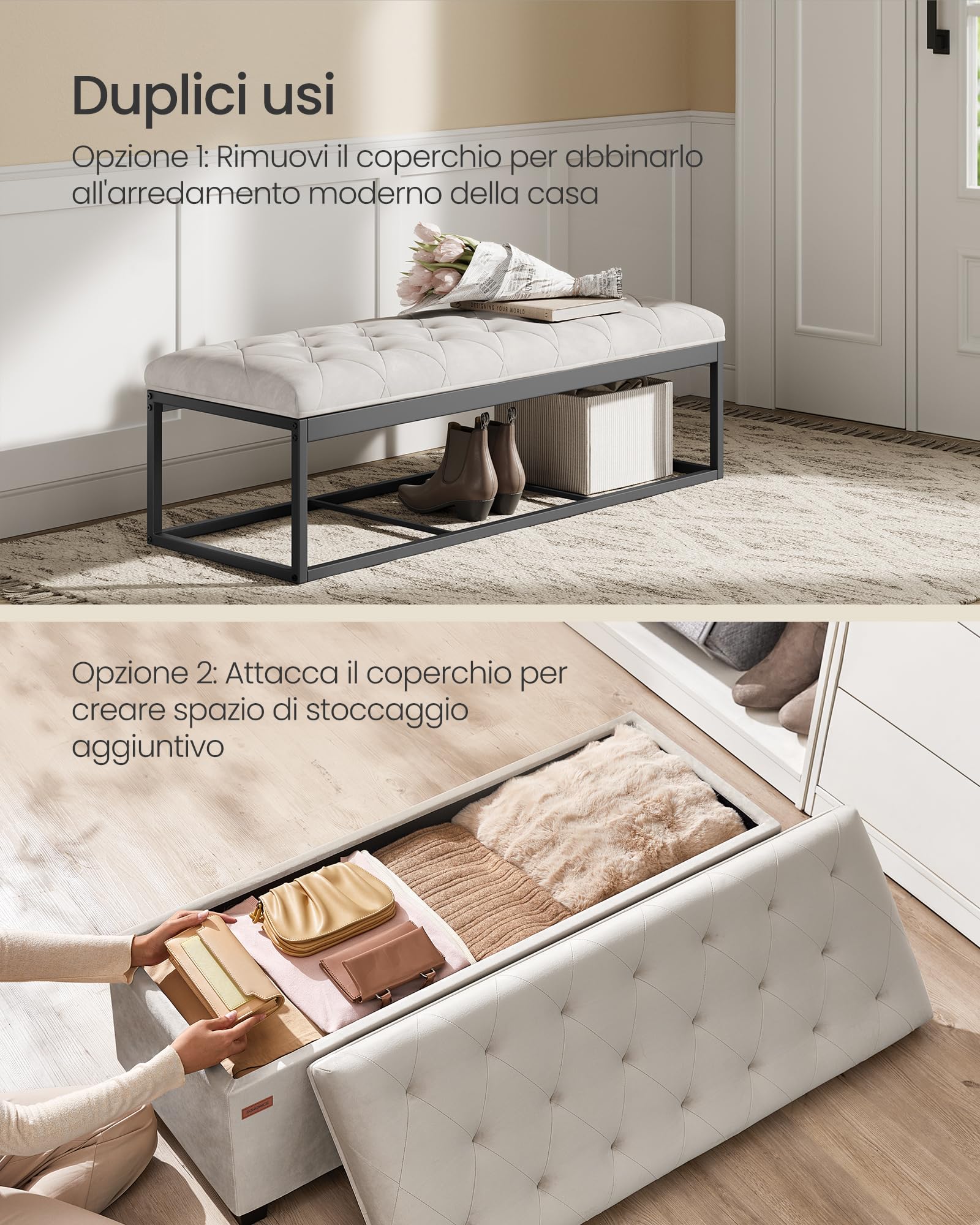 Songmics LSF089W01 cassapanca pouf bianco crema 110 cm velluto