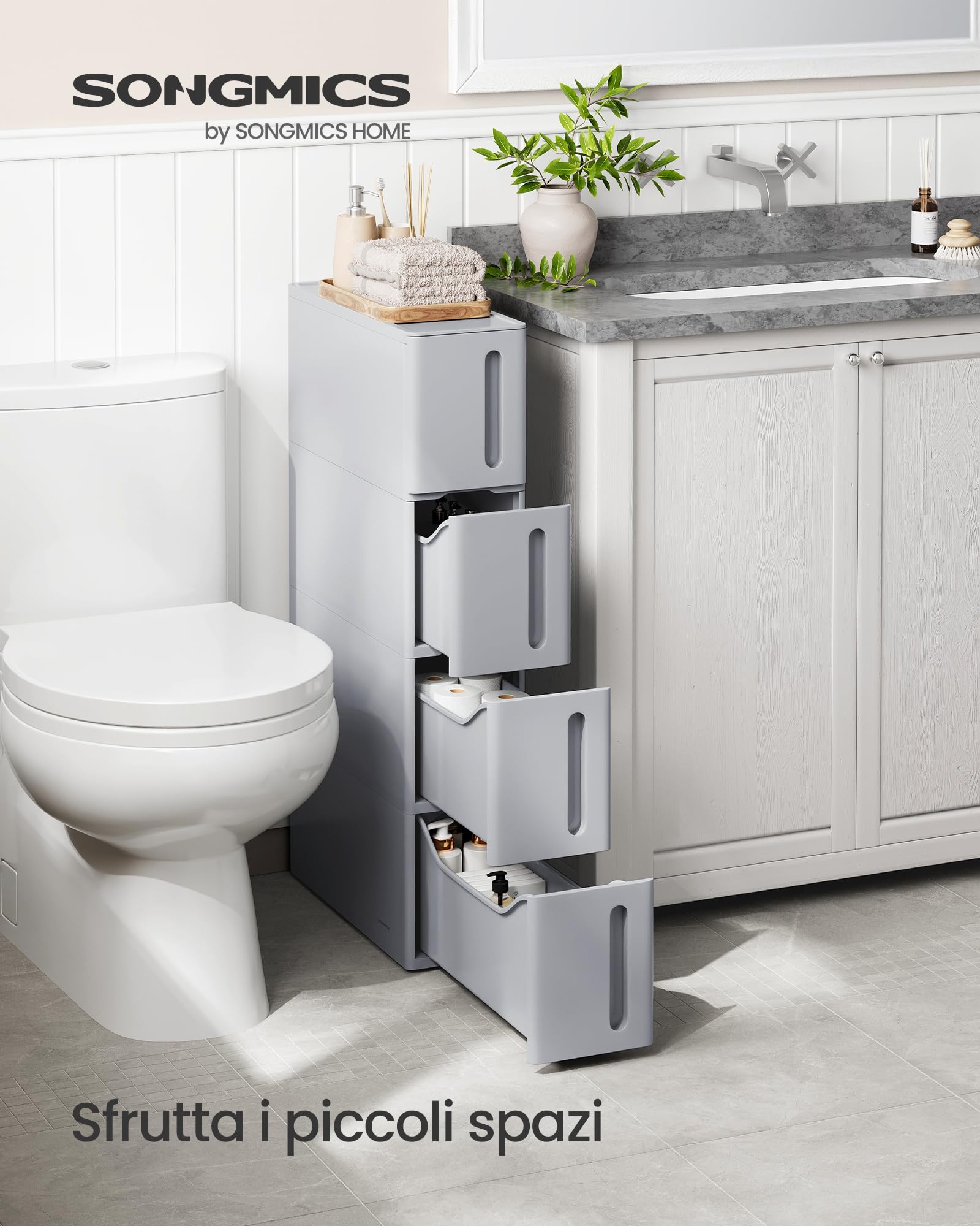 Songmics KFR008G02 carrello 4 cassetti 17,3 cm grigio plastica PP