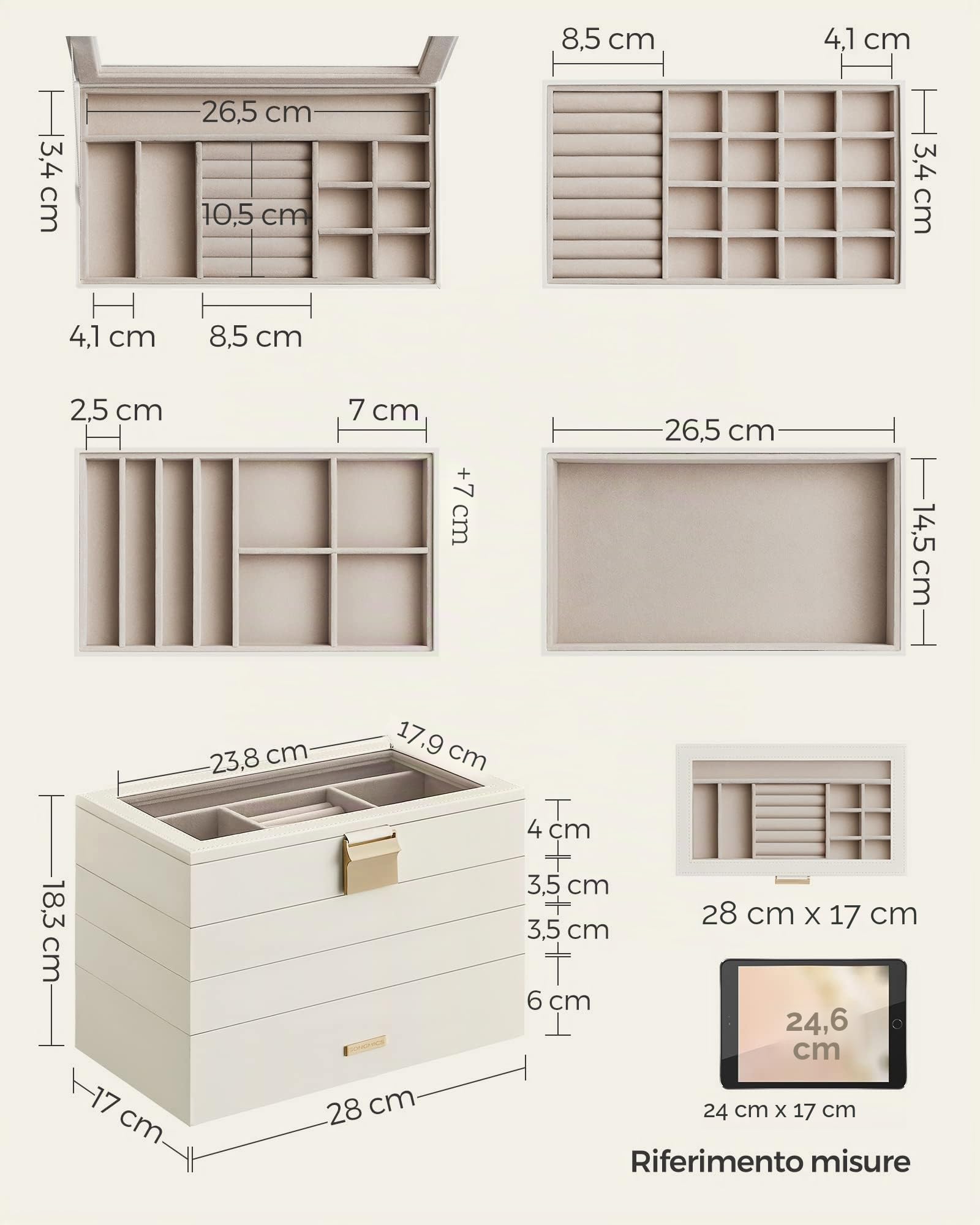Songmics Gisella JBC164W01 portagioie 4 vassoi bianco nuvola
