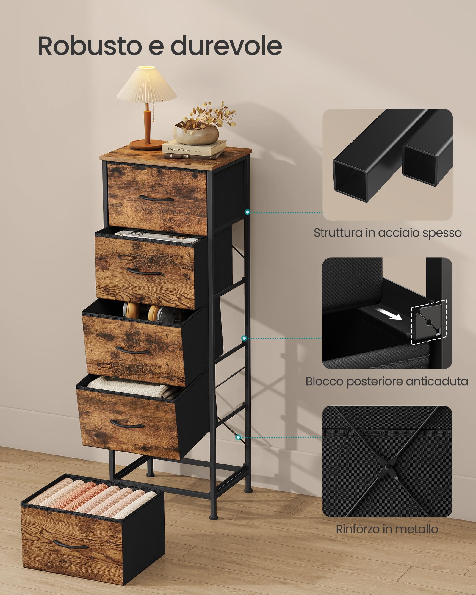 Songmics Bellah LGS315BH04 cassettiera 5 cassetti marrone 80cm