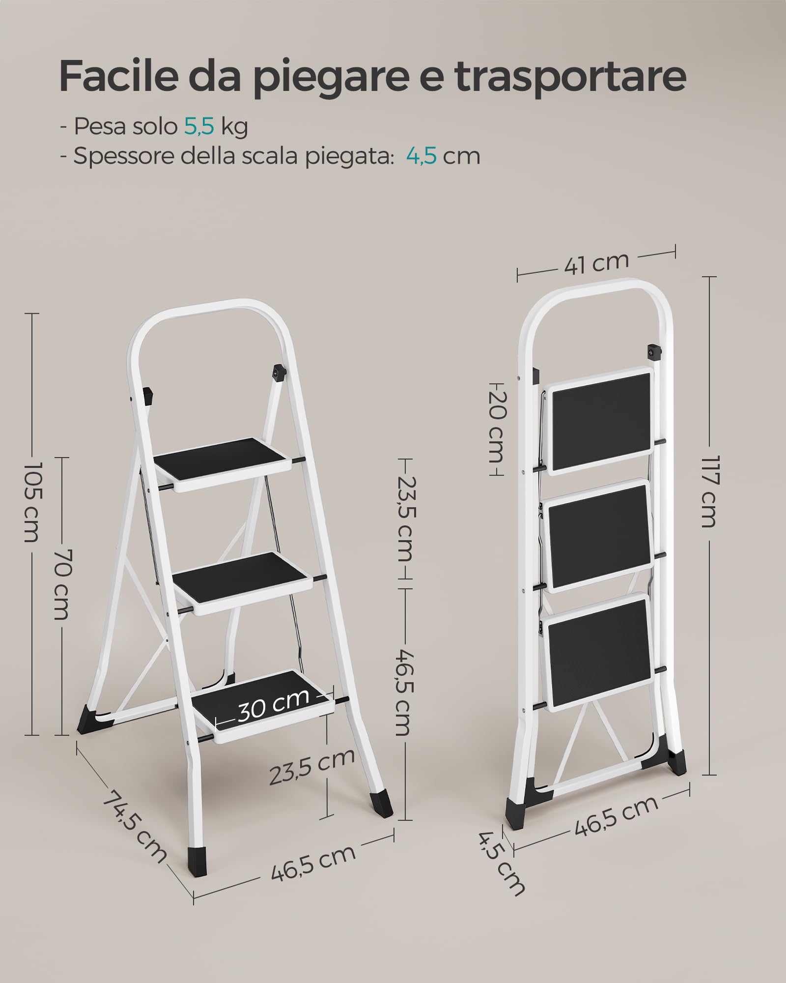 Songmics GSL03WT scaletta 3 gradini bianco acciaio 150 kg