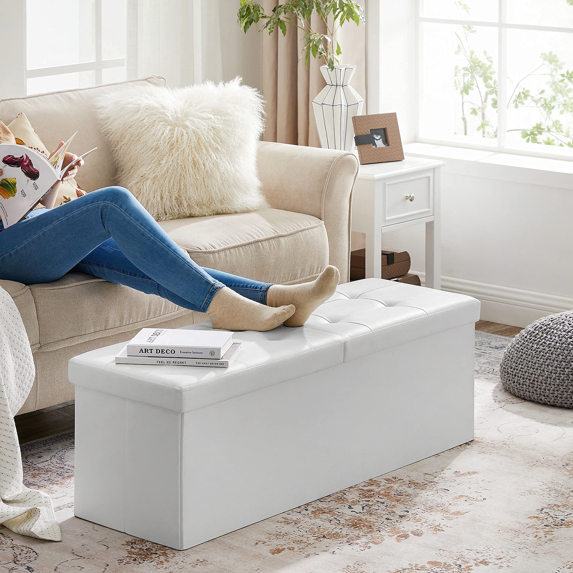Songmics LSF75WT pouf contenitore bianco 110 cm pieghevole