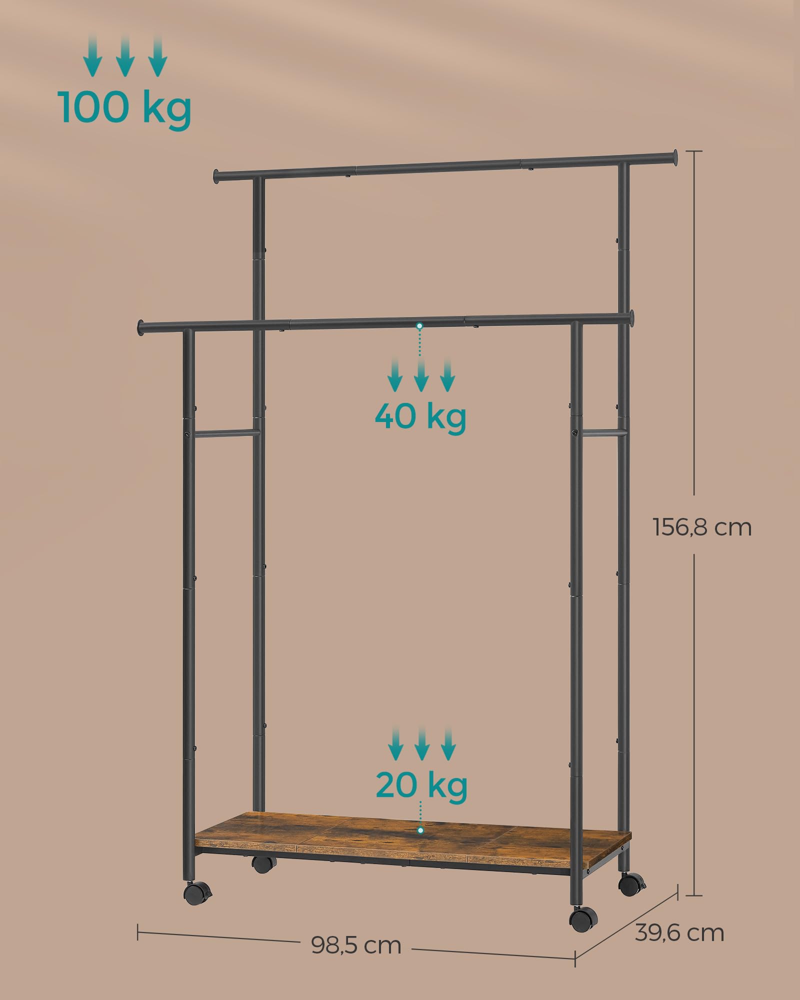 Songmics HSR152B01 Stand Appendiabiti Ruote Vintage 98,5 cm